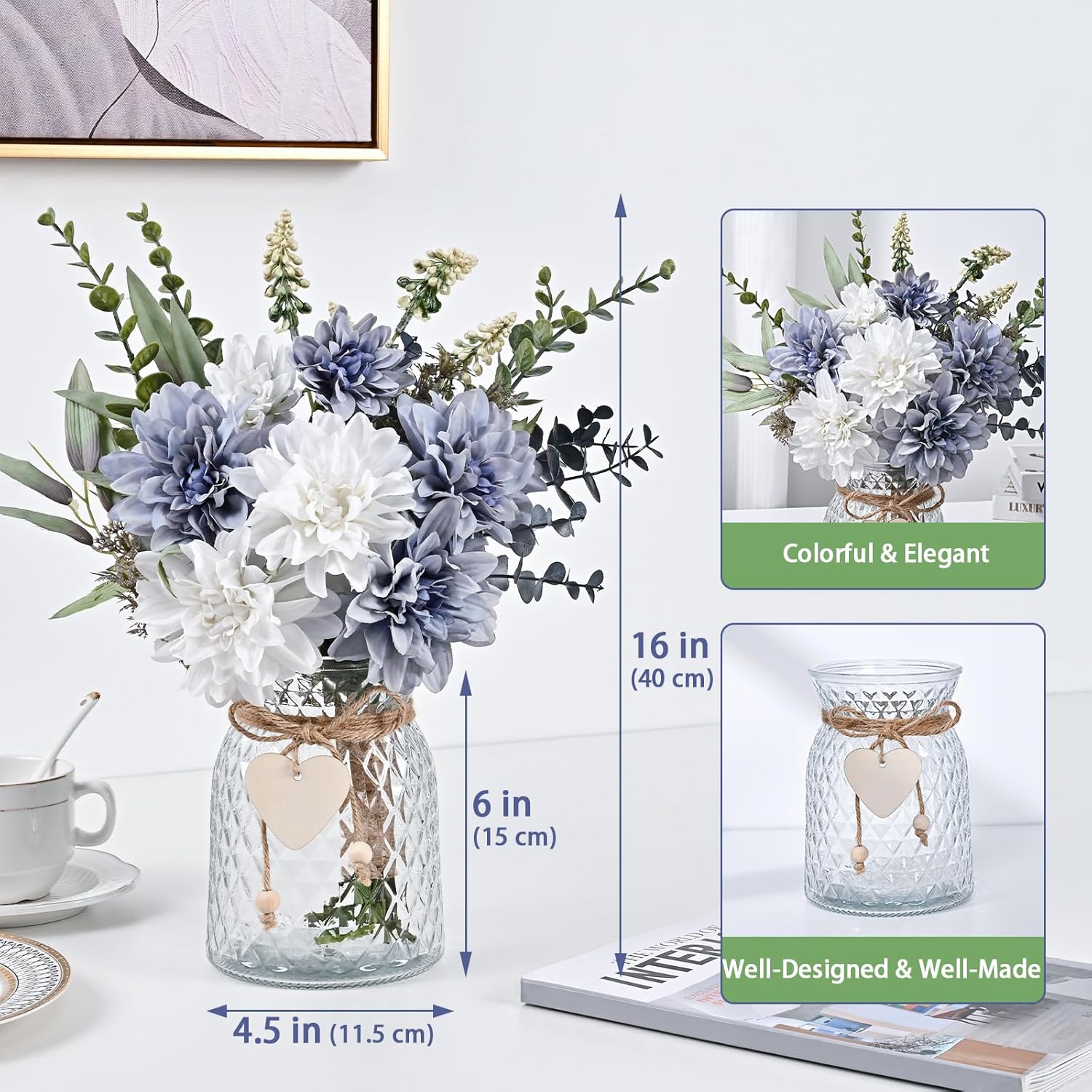 MARTINE MALL Fake Flowers in Vase, Faux Flowers in Vase, Dahlia Artificial Flowers in Vase Centerpiece Table Decorations Artificial Flower Arrangement for Home Dining Room Office Farmhouse, Blue - Image 4