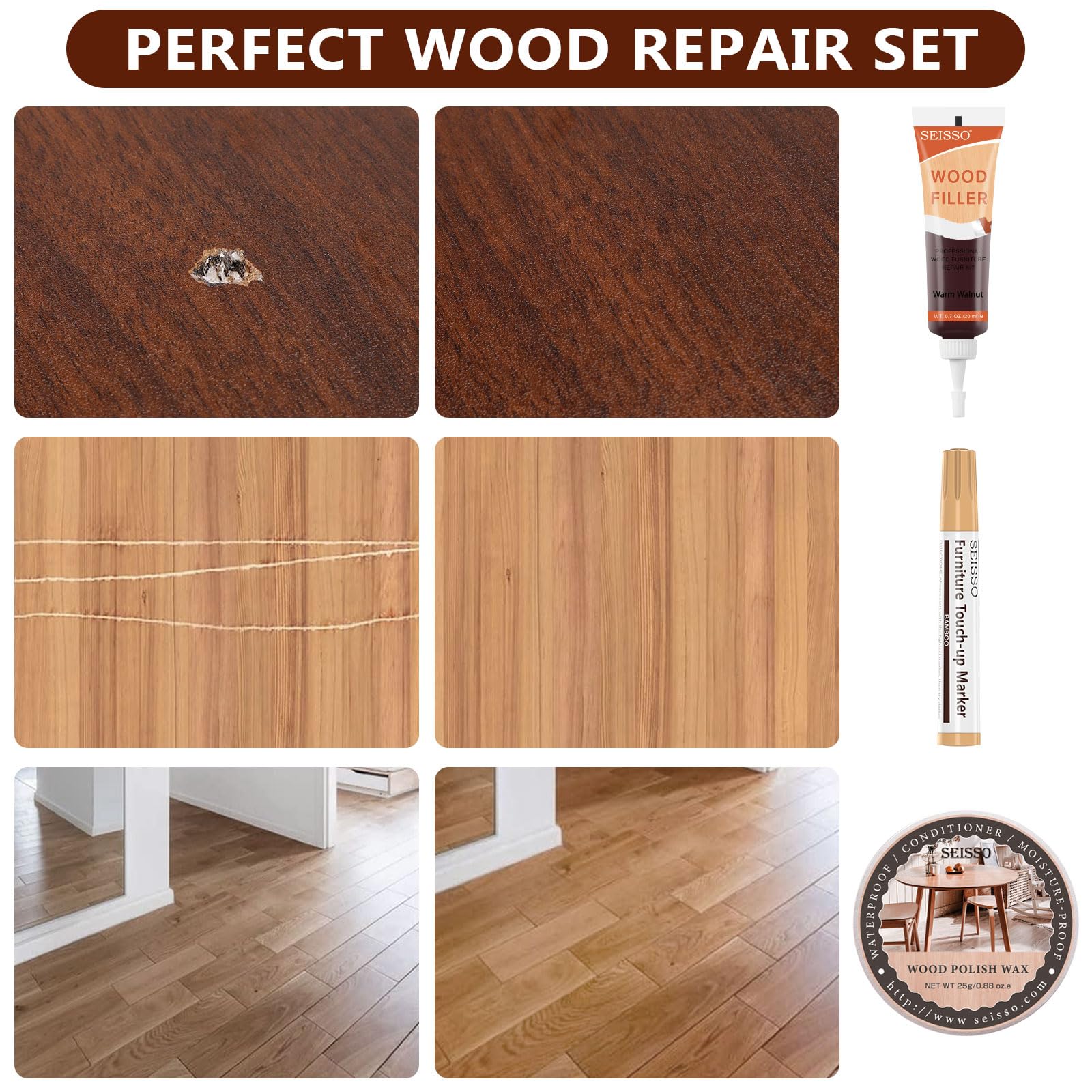 20-Piece Walnut Wood Furniture Repair Kit – 6 Colors Of Filler, Putty & Polish Wax For Hardwood, Laminate & Vinyl Floor Scratch, Hole & Crack Fix