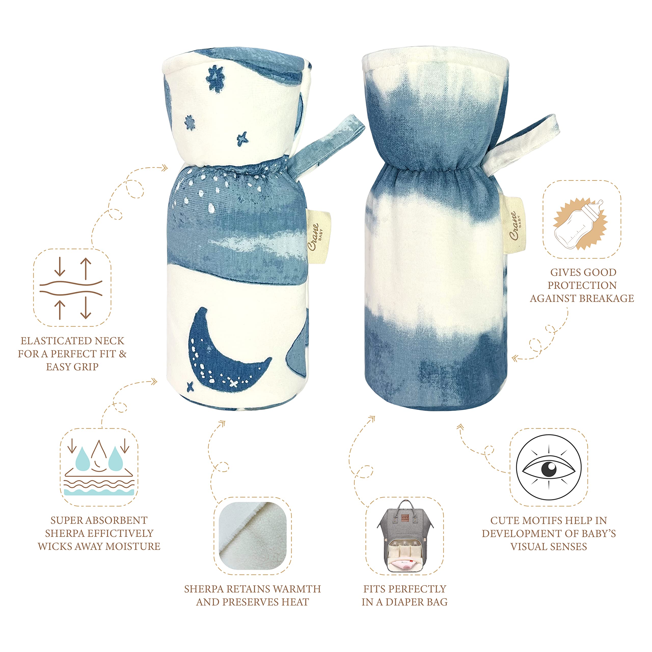 Crane Baby Cotton Bottle Cover/Warmer, Caspian Collection (Pack of 2, 19 x 8 x 8 cm, Fits Upto 330ml Bottle), Multicolour 1