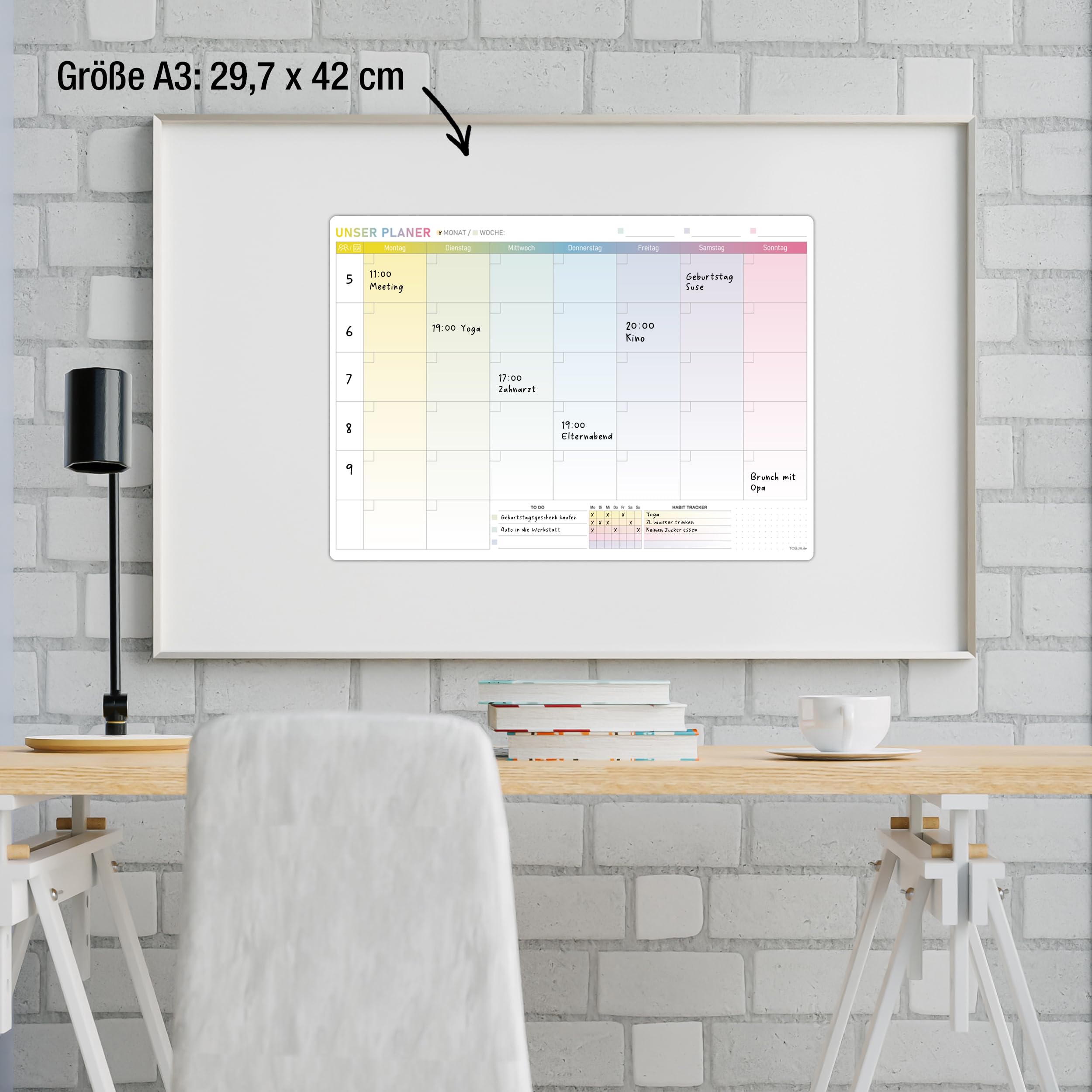 TOBJA Monatsplaner abwischbar – A3 selbsthaftender Wochenplaner – Whiteboard Planer für Wand, Kühlschrank & Tür – Familienkalender für bis zu 5 Personen - ohne Stift -