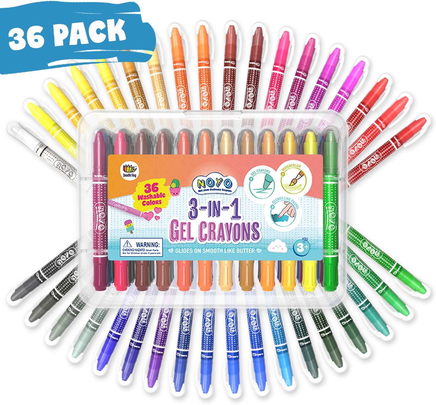 Washable Crayons 36 Colors, Kids and Toddler Crayons, Watercolor, Non Toxic, 3 in 1, for Kids Ages 4-8