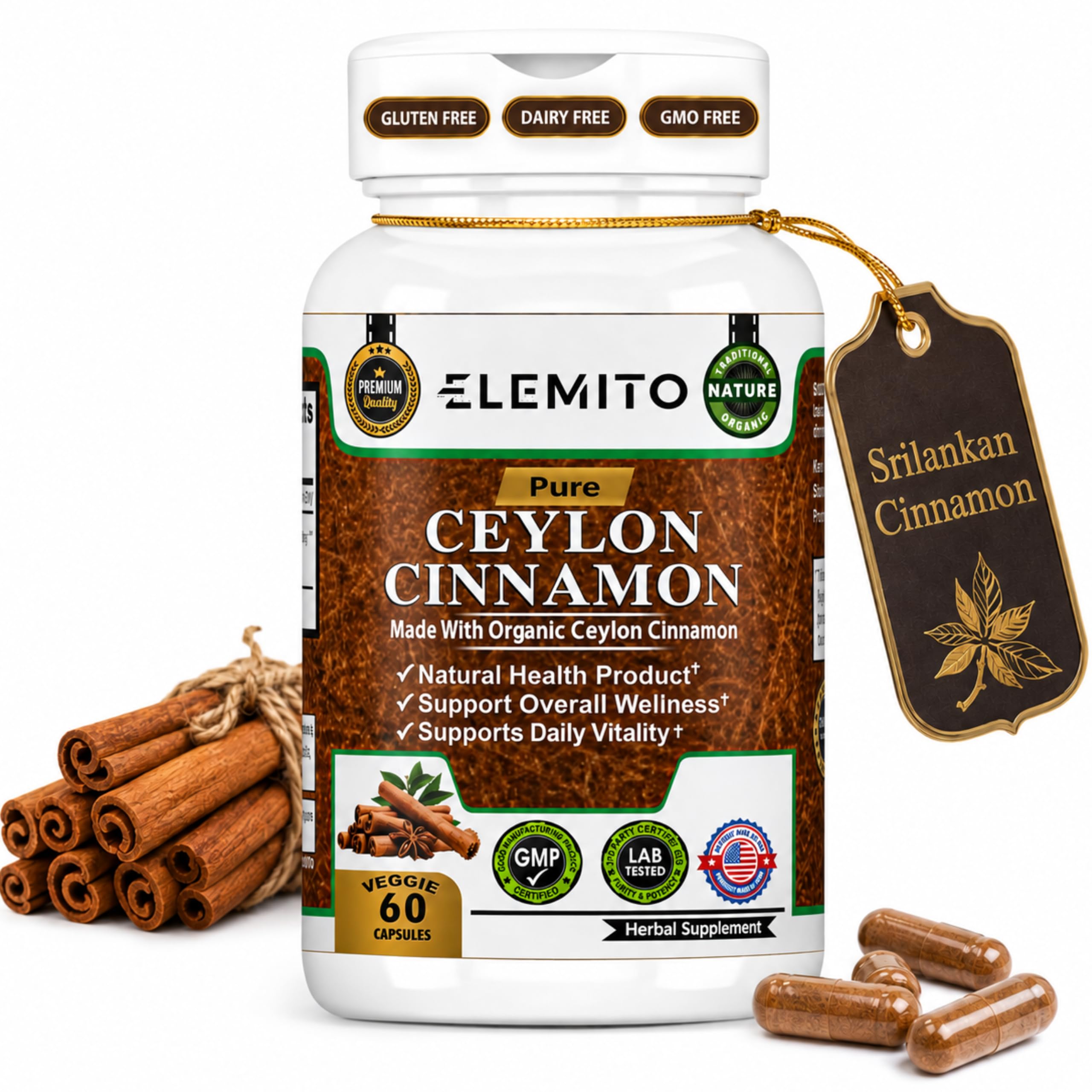 ELEMITO Suplemento de Canela-do-Ceilão Orgânica 1200 mg 60 cápsulas
