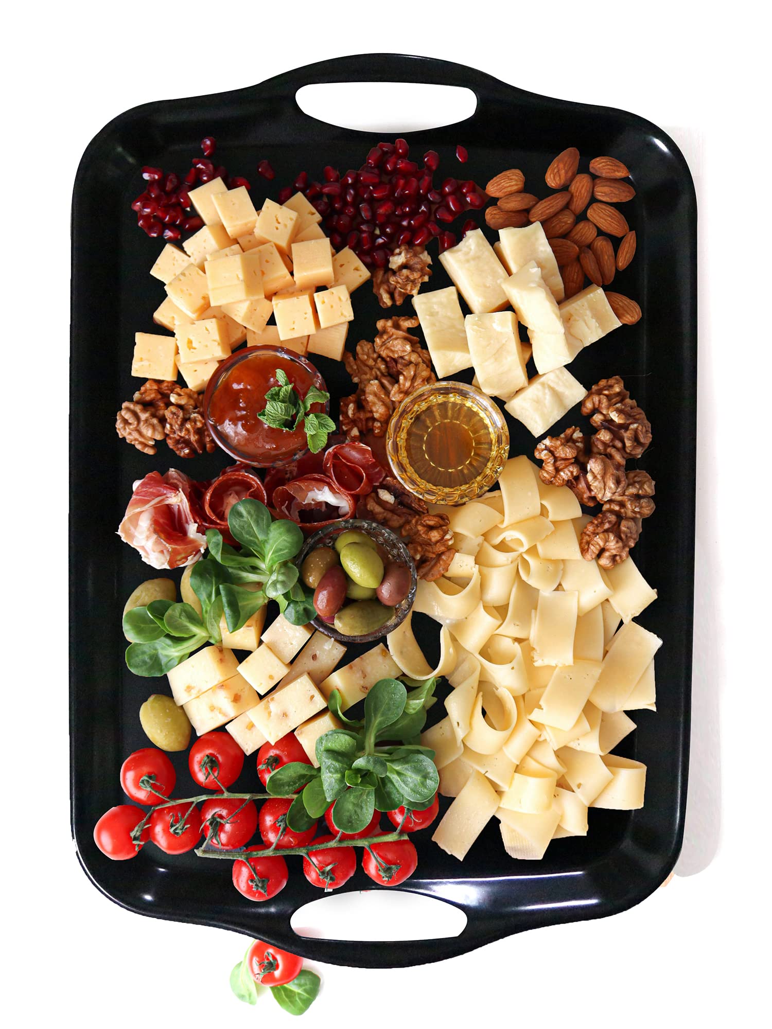 Vassoi da portata in melamina per mangiare, 47,5 x 30 cm, per antipasti, salumi, cibo, snack, cupcake, dessert, senza BPA, vassoio lavabile in lavastoviglie, set da 2, nero