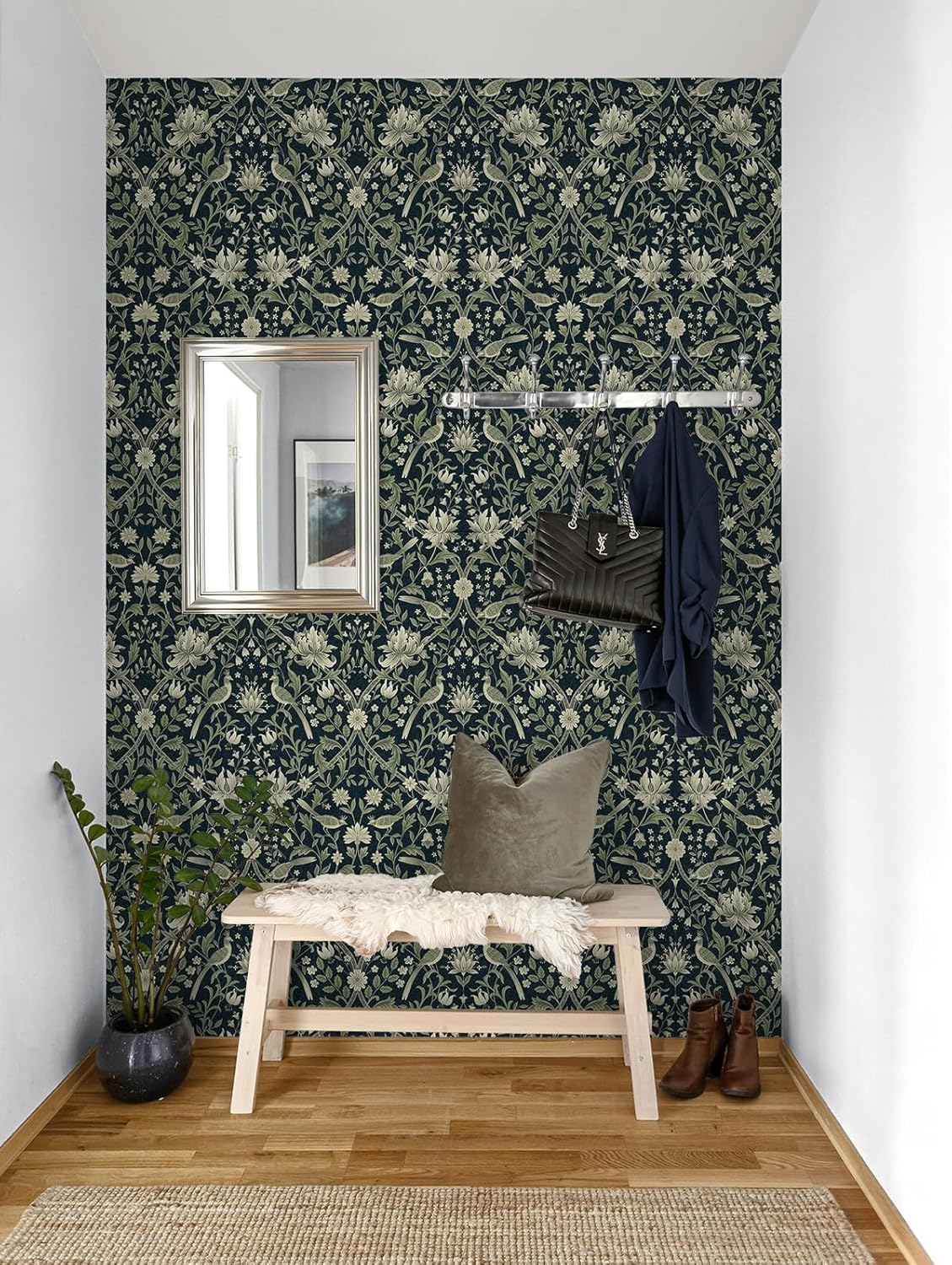 NextWall Vintage Bird Ogee Peel and Stick Wallpaper (Blue & Sage, 20.5 in. W x 9 ft. L)