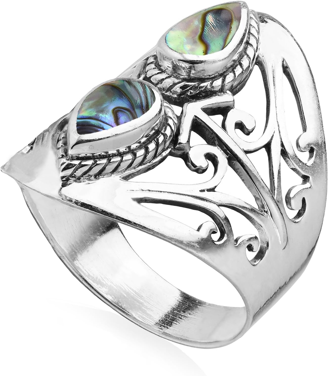 AeraVida Grand Reflection Filigree Teardrop Abalone Shell .925 Sterling Silver Ring