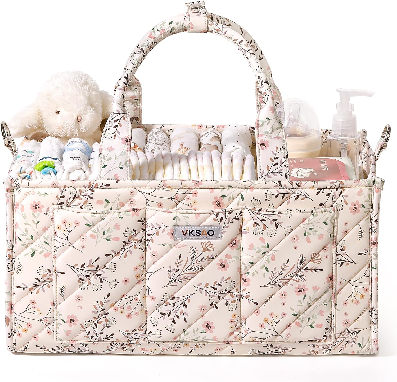 Baby Essentials Cute Floral Diaper Caddy Organizer – Portable Storage Basket with Shoulder Strap & Stroller Hooks, Splashproof Quilted Nursery & Car Tote for Baby Shower, Beige Floral