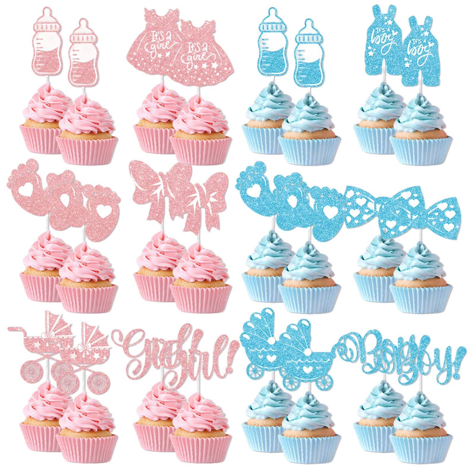 BRTNUP 24 Pack Gender Reveal Cupcake Toppers, Baby Shower Decorations for Gender Reveal Party Supplies Kids Birthday and Theme Cake Decorations Pack Glitter Boy or Girl Cupcake Toppers (Multicolor A)