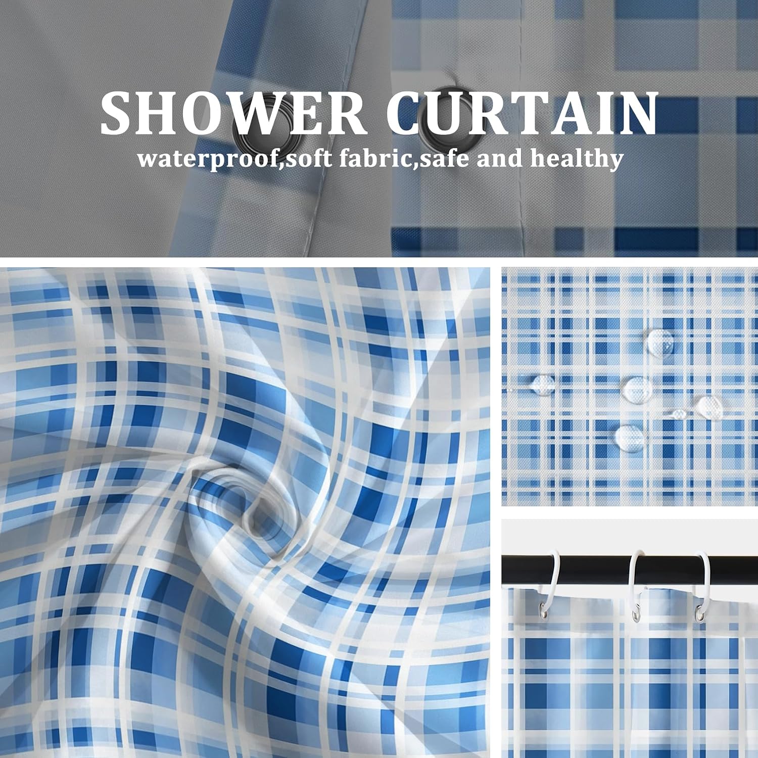 AOFOTO Blue and White Plaid Buffalo Shower Curtain Set Farmhouse Style Checkered Bathroom Curtain Restroom Bathtub Decor Accessories with Hooks 59x70 Inch Waterproof Polyester Fabric image 5