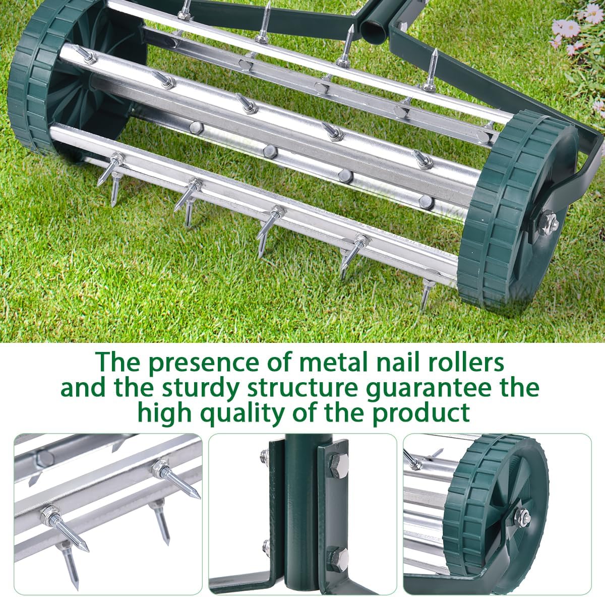 Rolling Lawn Aerator, Manual Grass Spikes Roller with Non-Slip Handle, Heavy Duty Outdoor Lawn Tool (45 x 21 x 126cm)