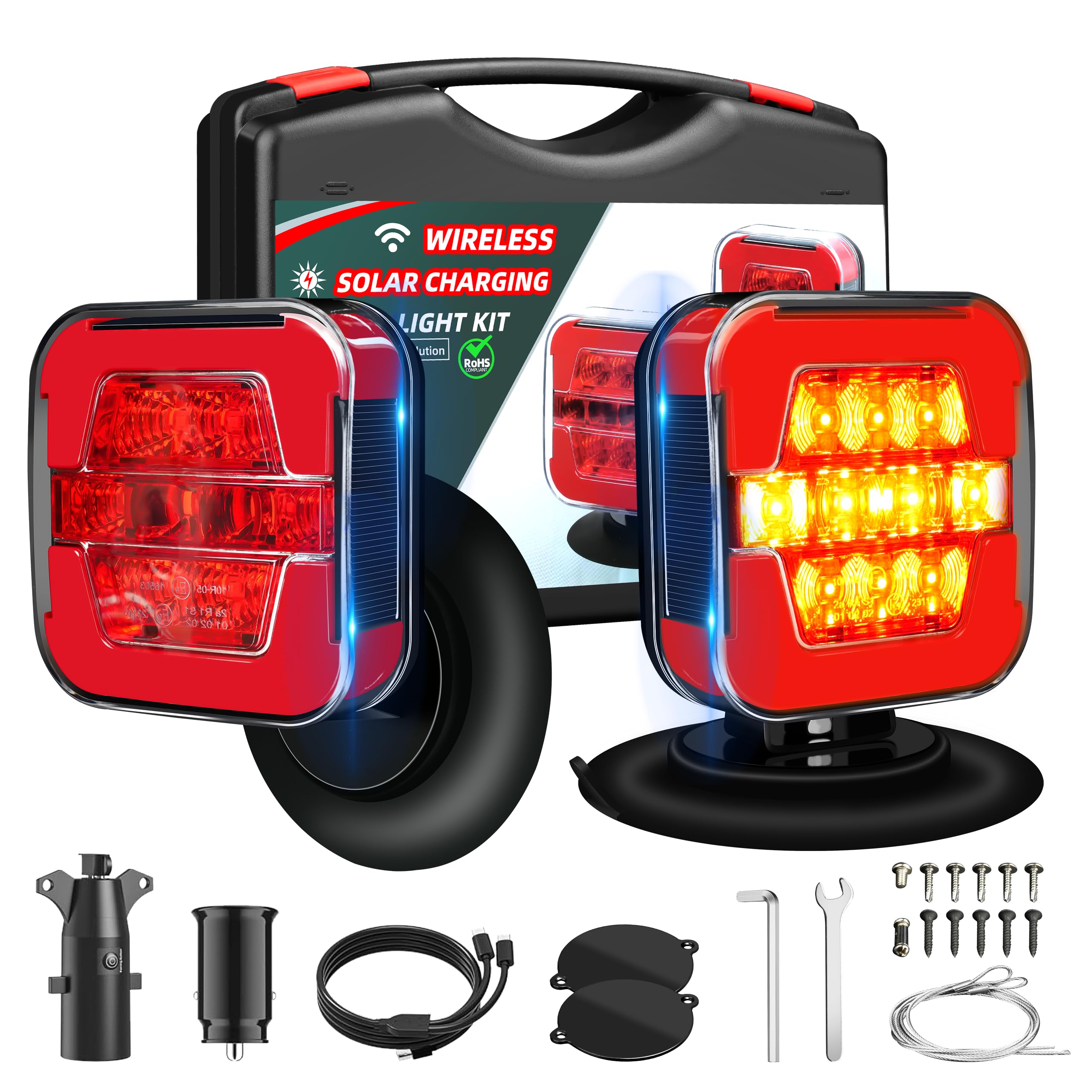 Solar Wireless Trailer Lights Kit, Magnetic LED Tow Lights with Brake Turn Tail Light Modes, 100FT Remote Signal, USB-C Rechargeable, IP67 Waterproof with Safety Rope for Boat Truck RV