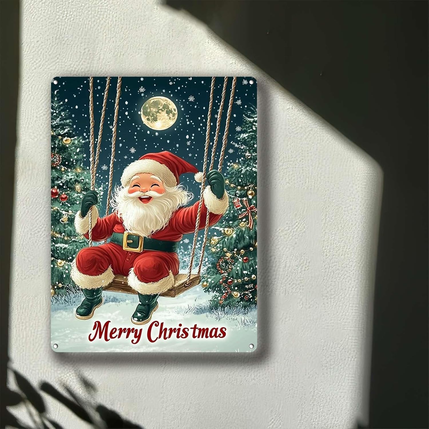 Retro Tin Sign Merry Christmas Santa Claus on a swing Wall Decor for Home Gate Garden Bars Restaurants Cafes Office Store Pubs Club Sign Gift 12"x16"