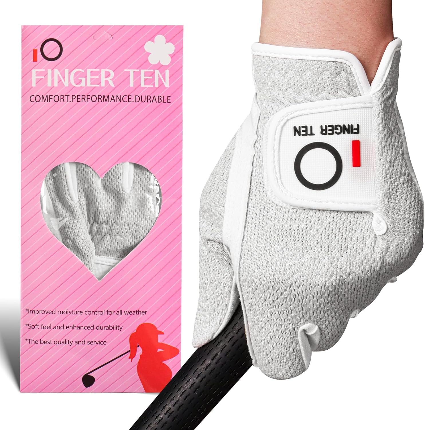 FINGER TEN Golf Gloves Women Left Hand Right Microfiber All Weather Grip Rain Hot Wet Value Pack, Ladies Golf Gloves Soft Flexible Durable Wear Resistance Good Grip (White, XS, Left)
