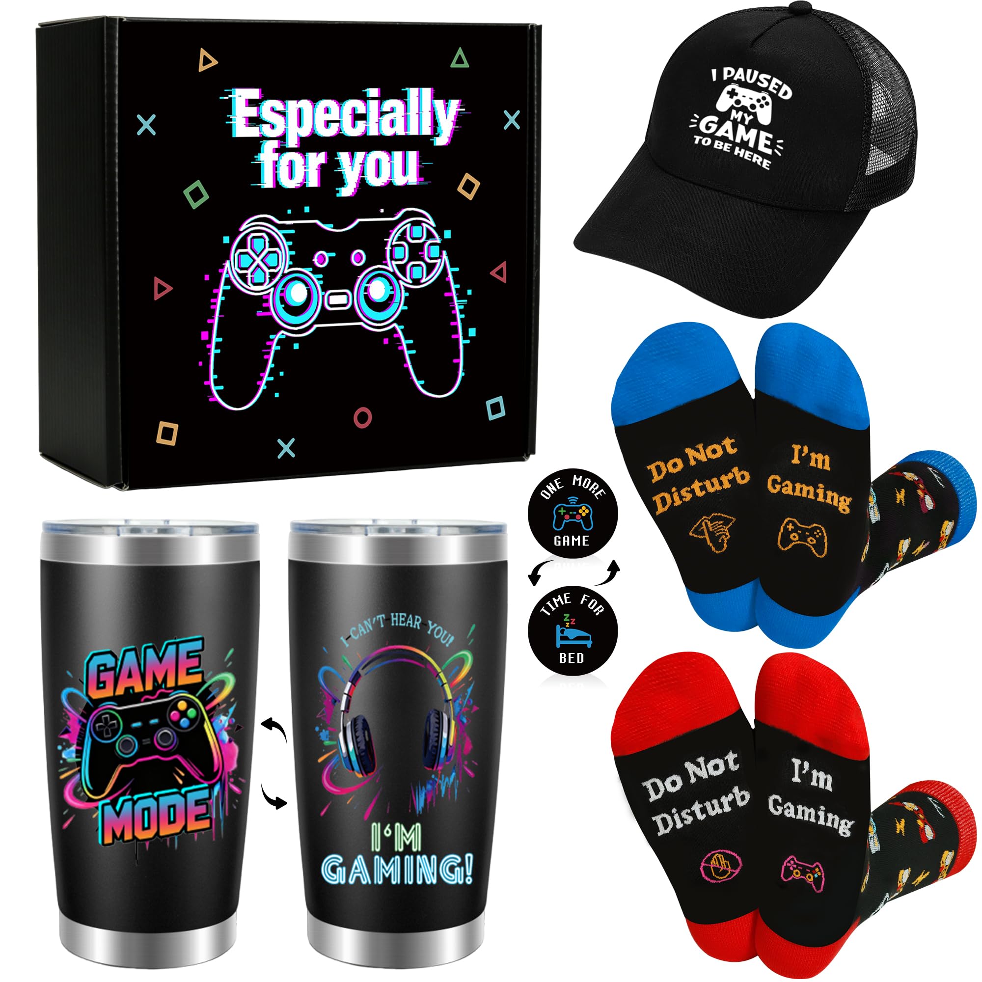 Festivora Gamer Gifts for Teen Boys – Gaming Gift with 20oz Tumbler, Funny Socks, Game Baseball Cap & Decision Coin – Cool Gifts for Boys Men Dad Boyfriend Husband Brother Son Nephew Grandson