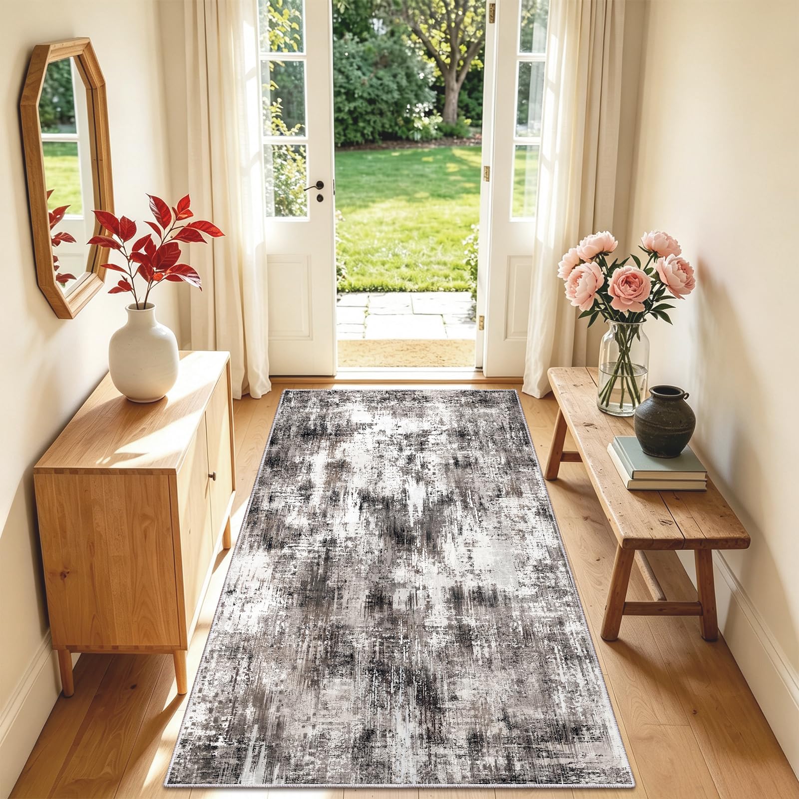 Teppich Wohnzimmer 80x150cm Braun Waschbare Teppiche Modern Kurzflor | Rutschfest Abstrakter Muster Teppich für Schlafzimmer Kinderzimmer Büro Dekor Esszimmer