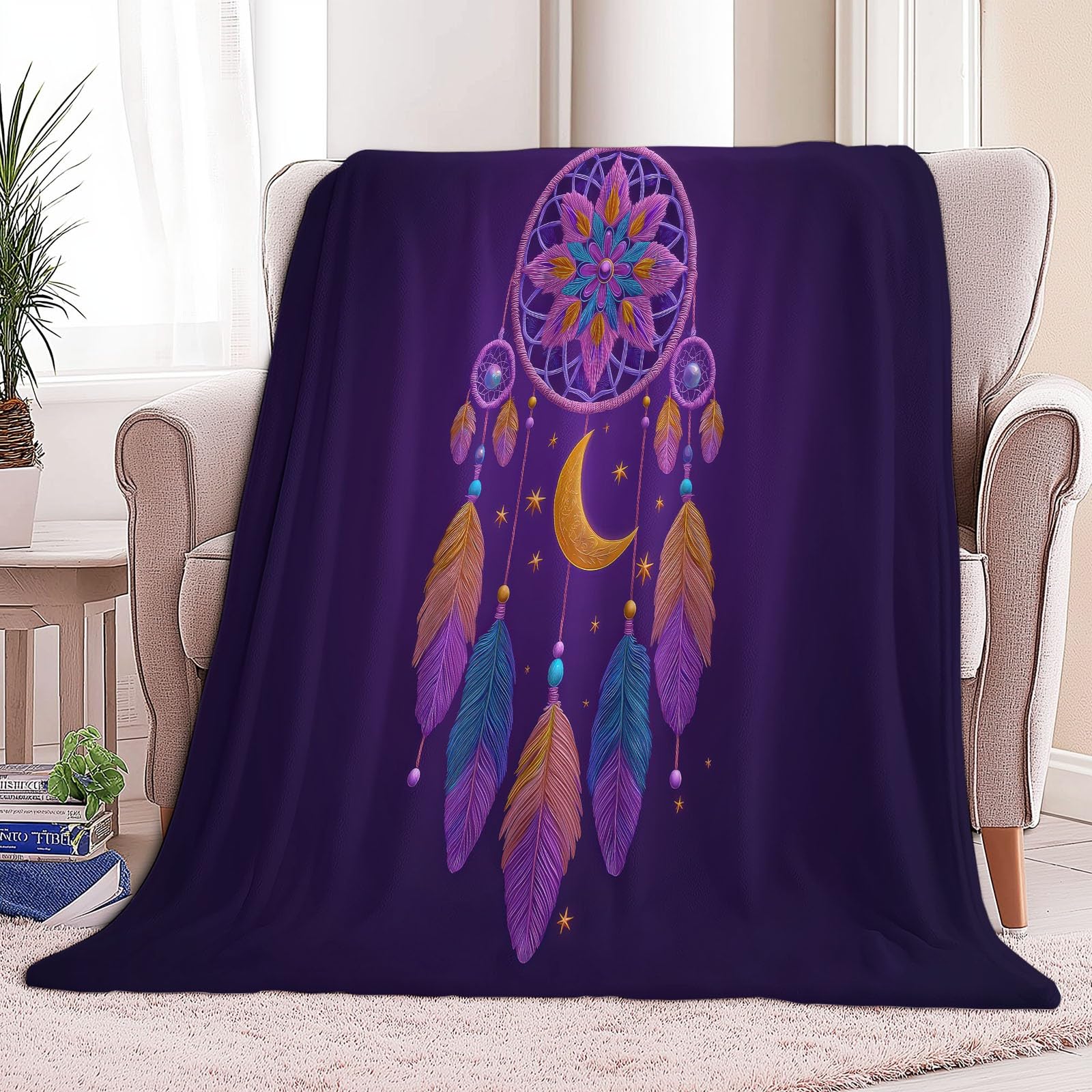 Générique Flanelowy koc 180 x 220 cm Fantastyczny łapacz snów Puszysty Księżyc Ciepły koc polarowy z mikrofibry, lekkie fioletowe koce na cały sezon do podróży, łóżka, sofy