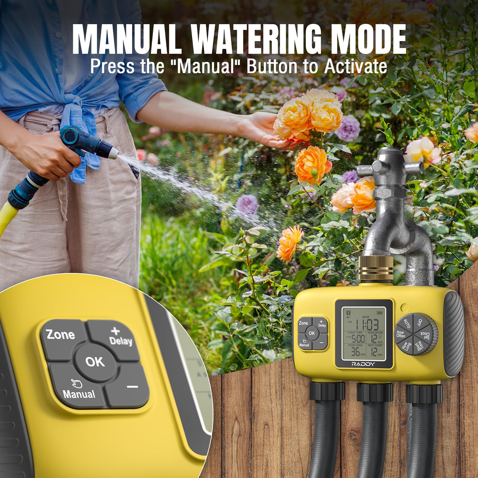 Raddy WS-8 Sprinkler Timer 3 Zone, Smart Water Time automatyczny zegar nawadniania z ręcznym podlewaniem, opóźnienie deszczu, duży wyświetlacz LCD, wodoodporność IPX5 do ogrodów, żółty