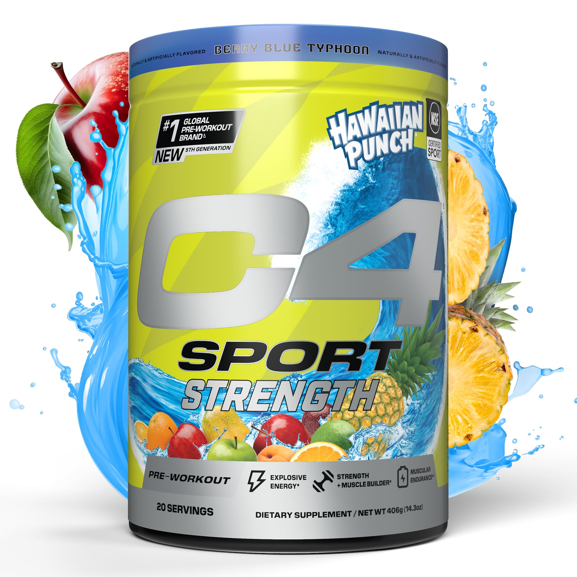 C4 Sport Strength Pre Workout Powder - NSF Certified for Sport - Beta-Alanine, Creatine, 200mg Caffeine - Sugar Free Energy Supplement for Men & Women - Hawaiian Punch Berry Blue, 20 Servings