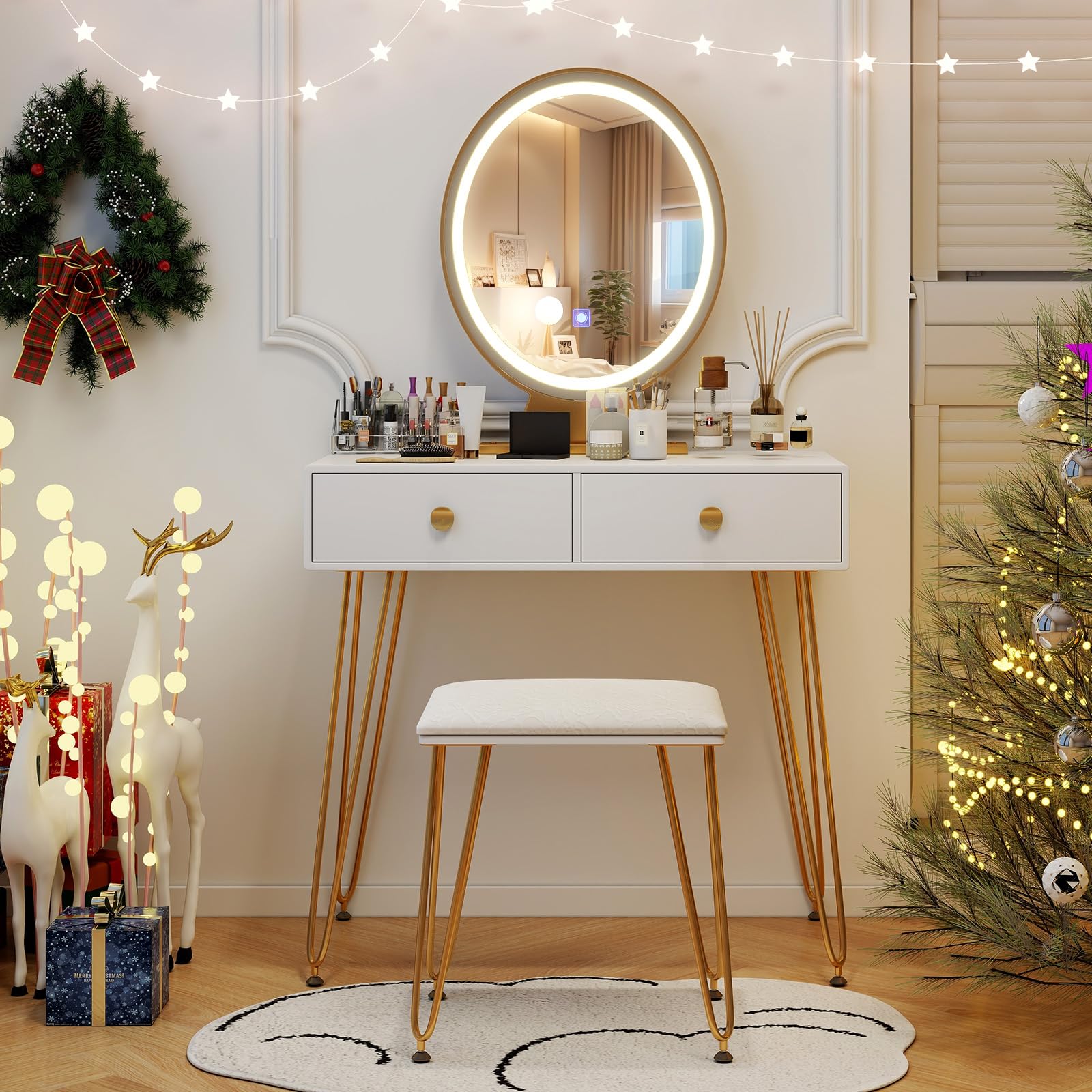 MAT EXPERT Vanity Table Set w/Lighted Oval Mirror, Modern Dressing Table w/Cushioned Stool & Steel Legs, Makeup Organizer Table w/3-Color Touch Screen Mirror, Vanity Set for Bedroom/Washroom (White)