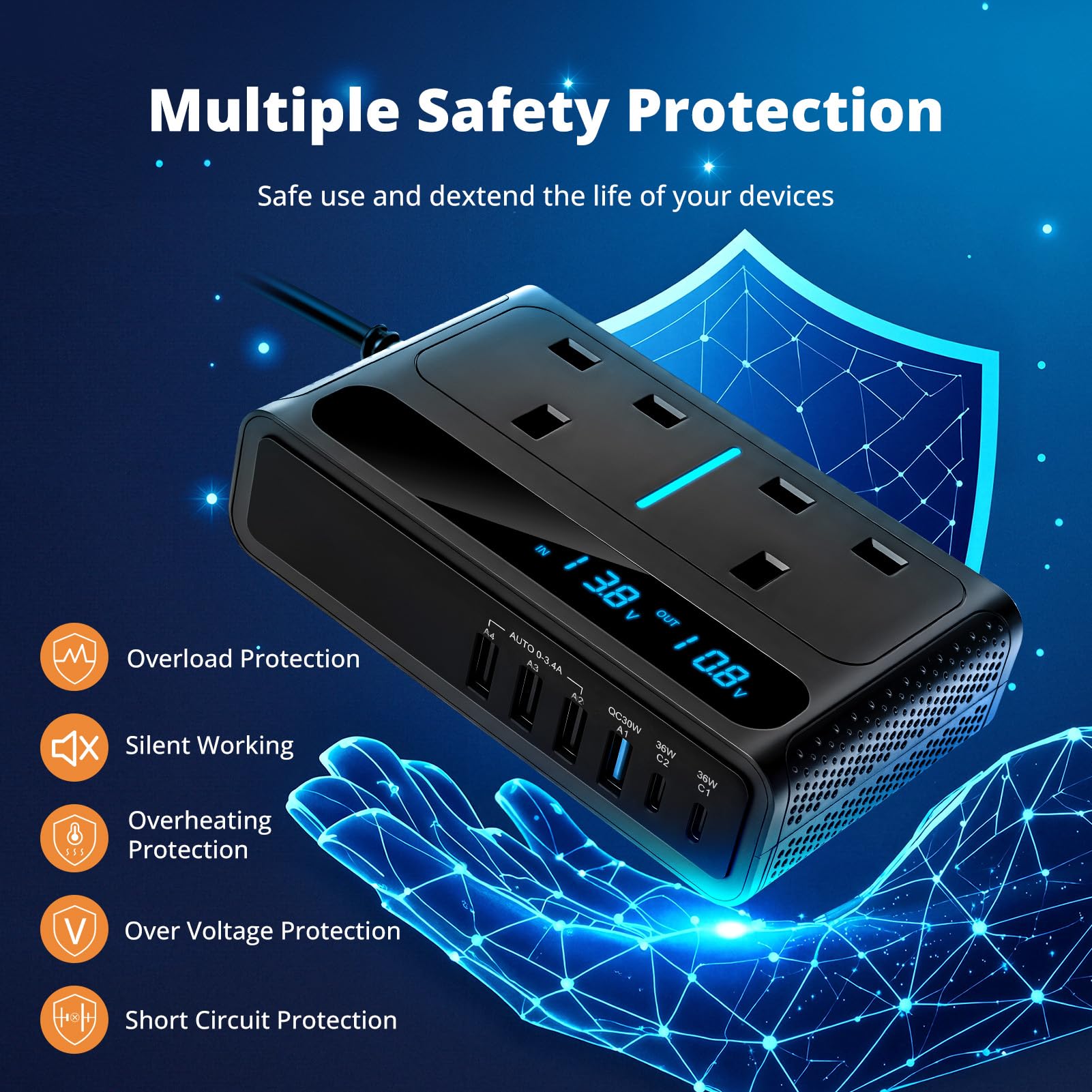 8 in 1 200W Car Power Inverter with 2 Sockets, 4 USB Ports and 2 Type-C Ports,Car Charger Adapter Convert 12V to 240V 230V AC Auto Power Inverter for Camping Van Caravan — view 3