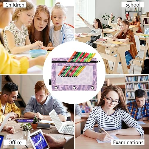 Vista 6 de Gredecor Estuche para lápices con 3 anillos, estampado de vaca, morado pastel, con cremallera, 2 unidades, organizador transparente para carpetas