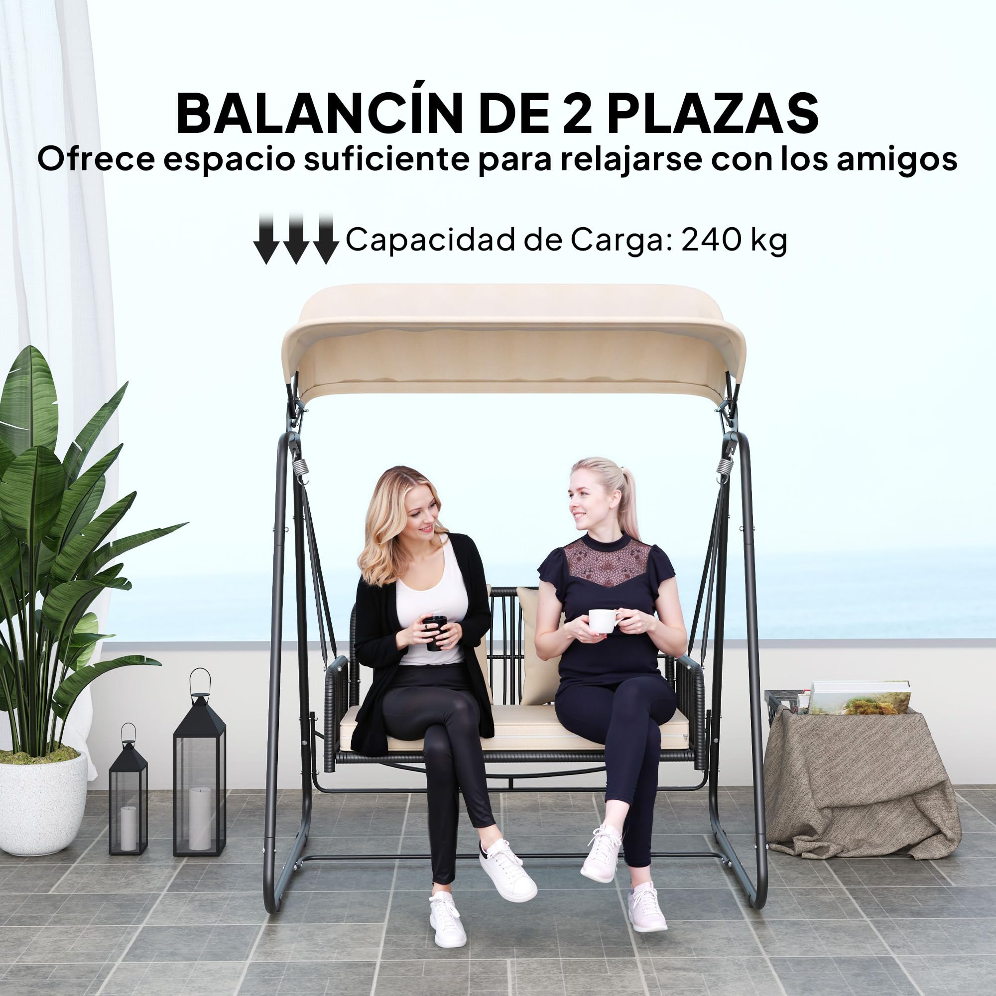 Outsunny Columpio de Jardín de 2 Plazas Balancín de Jardín Exterior con Toldo Retráctil Cojines y Estructura de Acero con Ratán PE Anti-UV para Balcón Terraza Patio Carga 240 kg 149x121x180 cm Caqui