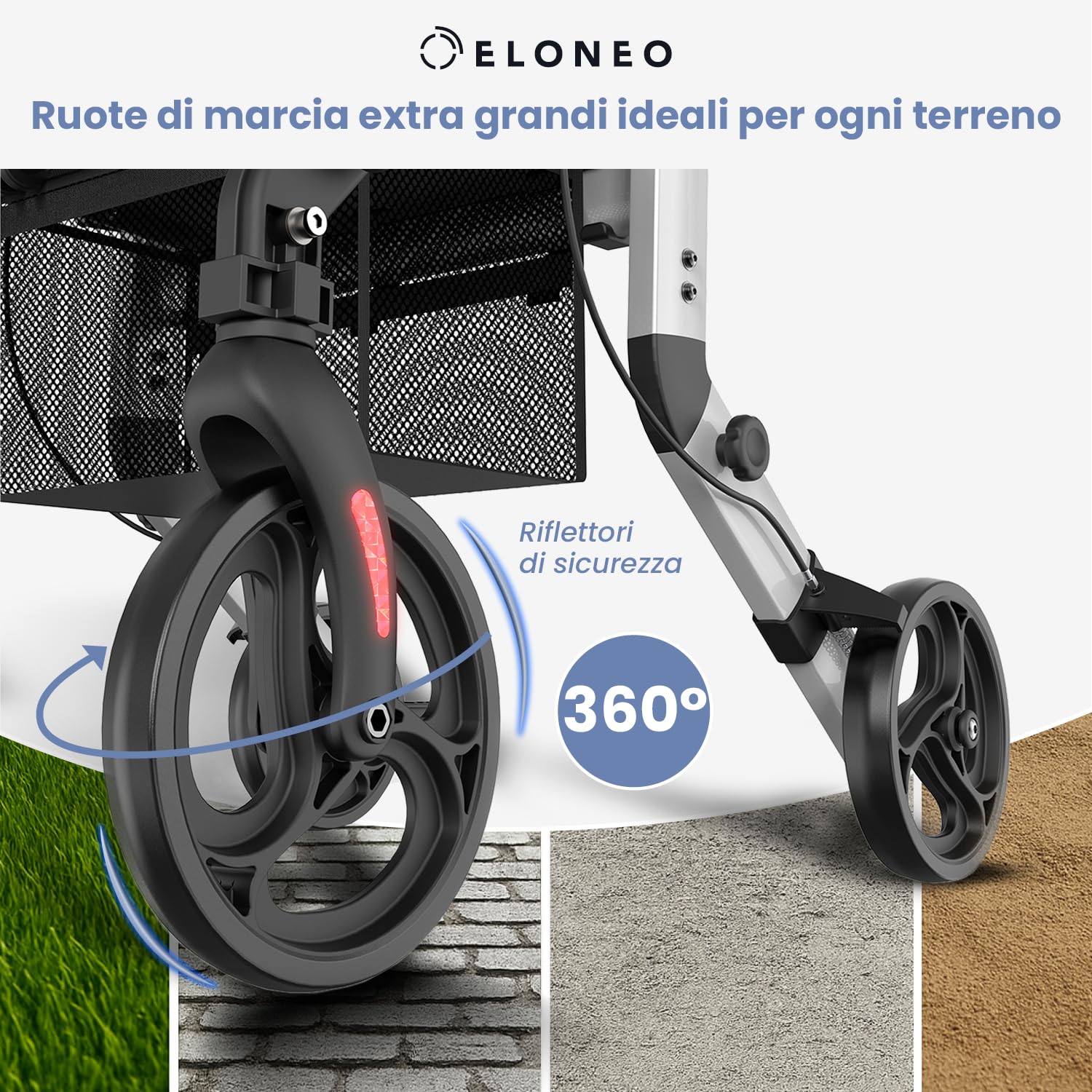 ELONEO Sedia a Rotelle Rollator 2 in 1 Pieghevole e Leggero con Seduta, Rollator da Esterno Pieghevole e Leggero per Tutti i Terreni, Deambulatore in Alluminio, Sedia a Rotelle da Trasporto, argento