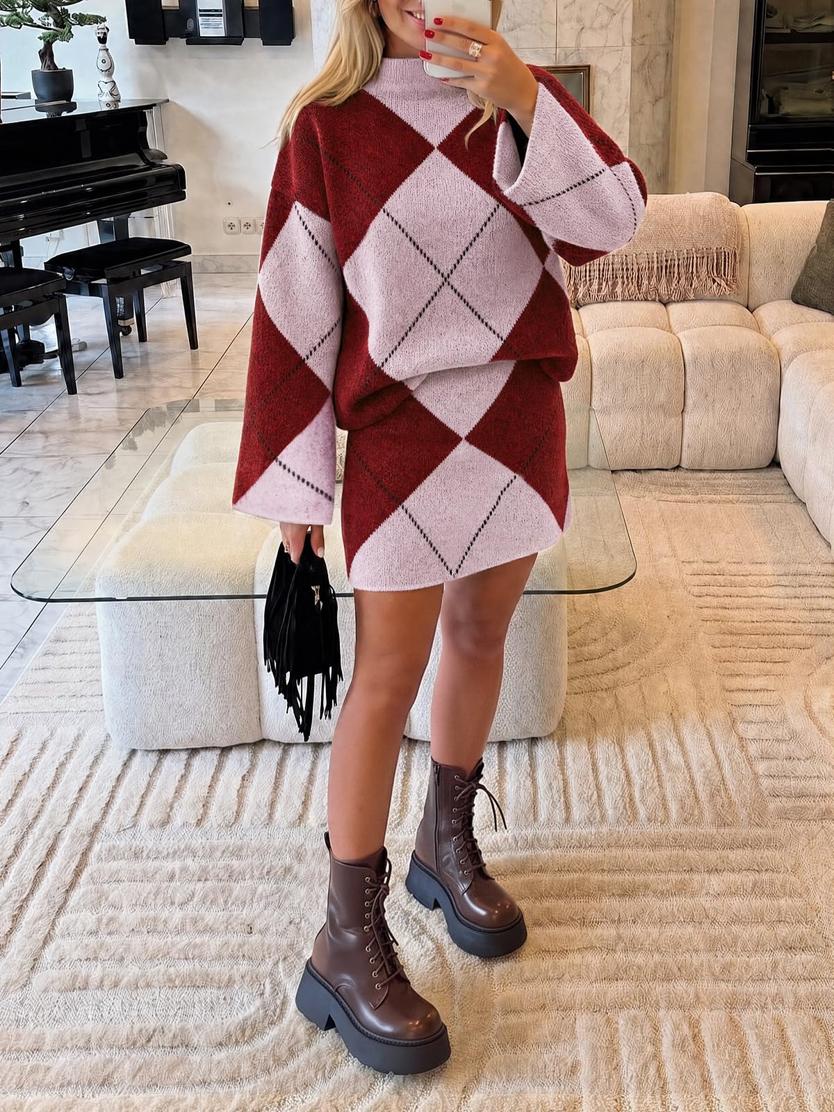 Cicy Bell Damen Mock Neck Argyle-Pullover 2-teiliges Outfit Minirock Sets