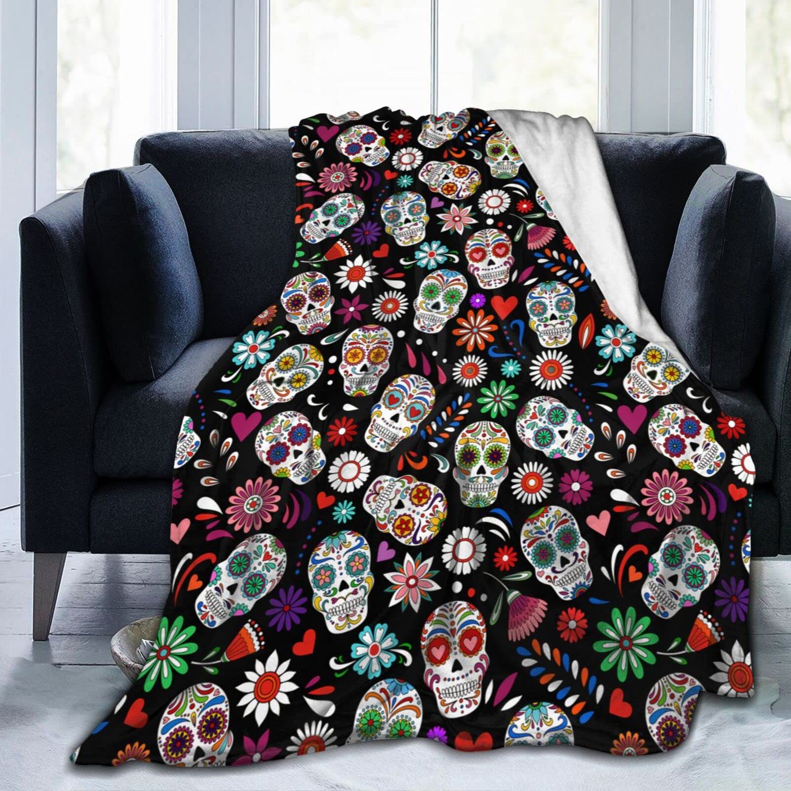 Lsjuee Flower Sugar Skull Blanket Halloween Throw Blankets Home Decor Funny Skeleton for Women Men Cozy Flannel Bed Blanket 60"X50"