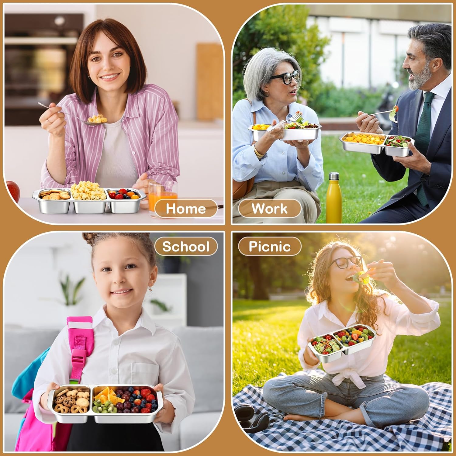 8 Pcs Stainless Steel Snack Containers with Leak Proof Lids, 2/3 Compartments Metal Bento Lunch Box, Reusable Divided Food Storage Container for Adults Home Travel Work(Orange)