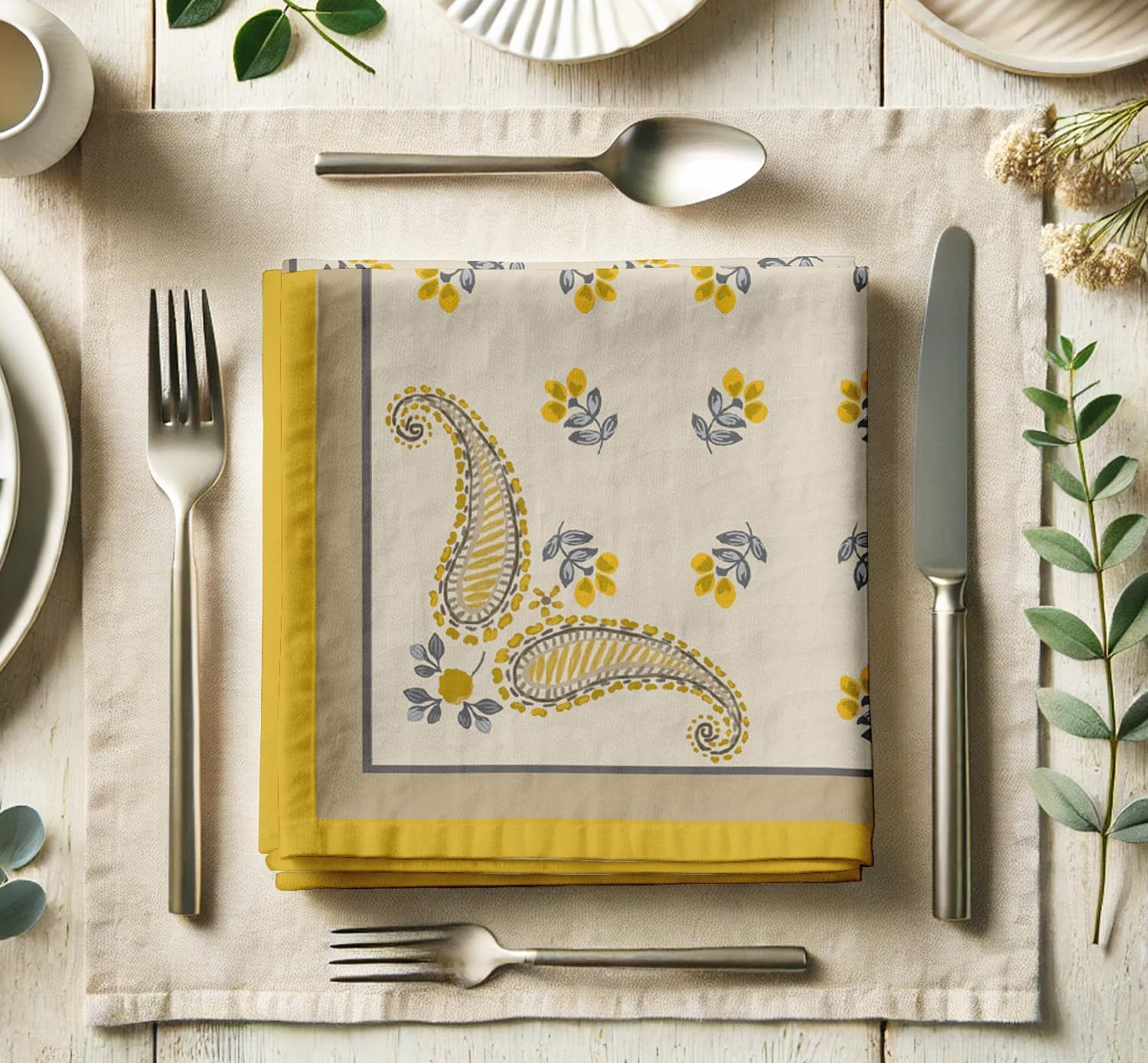 Designer Cotton Twill Block Print Napkins - Set of 12, 20-Inch, Yellow Color, Durable & Absorbent Cloth Napkins for Dining, Parties, and Home Decor - Machine Washable