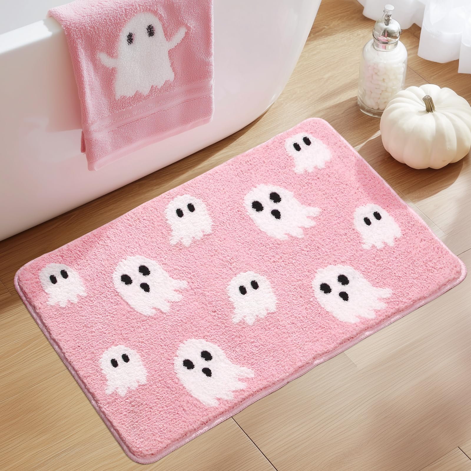 Pink Halloween Bath Mat Cute Ghost Decor Mat Non-Slip Pink Bathroom Rug Soft Spooky Bath Rug for Shower