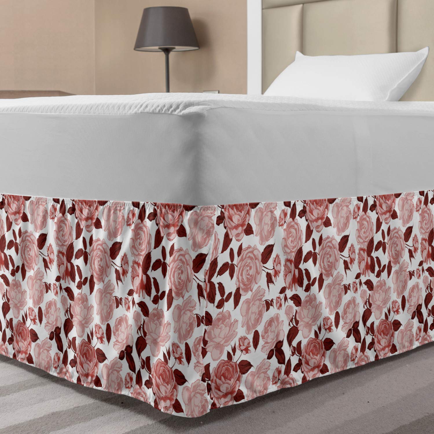 Lunarable Roses Elastic Bed Skirt Vintage Floral Pattern Romantic Valentines Day Inspired Arrangement Wrap Around Fabric Bedskirt Dust