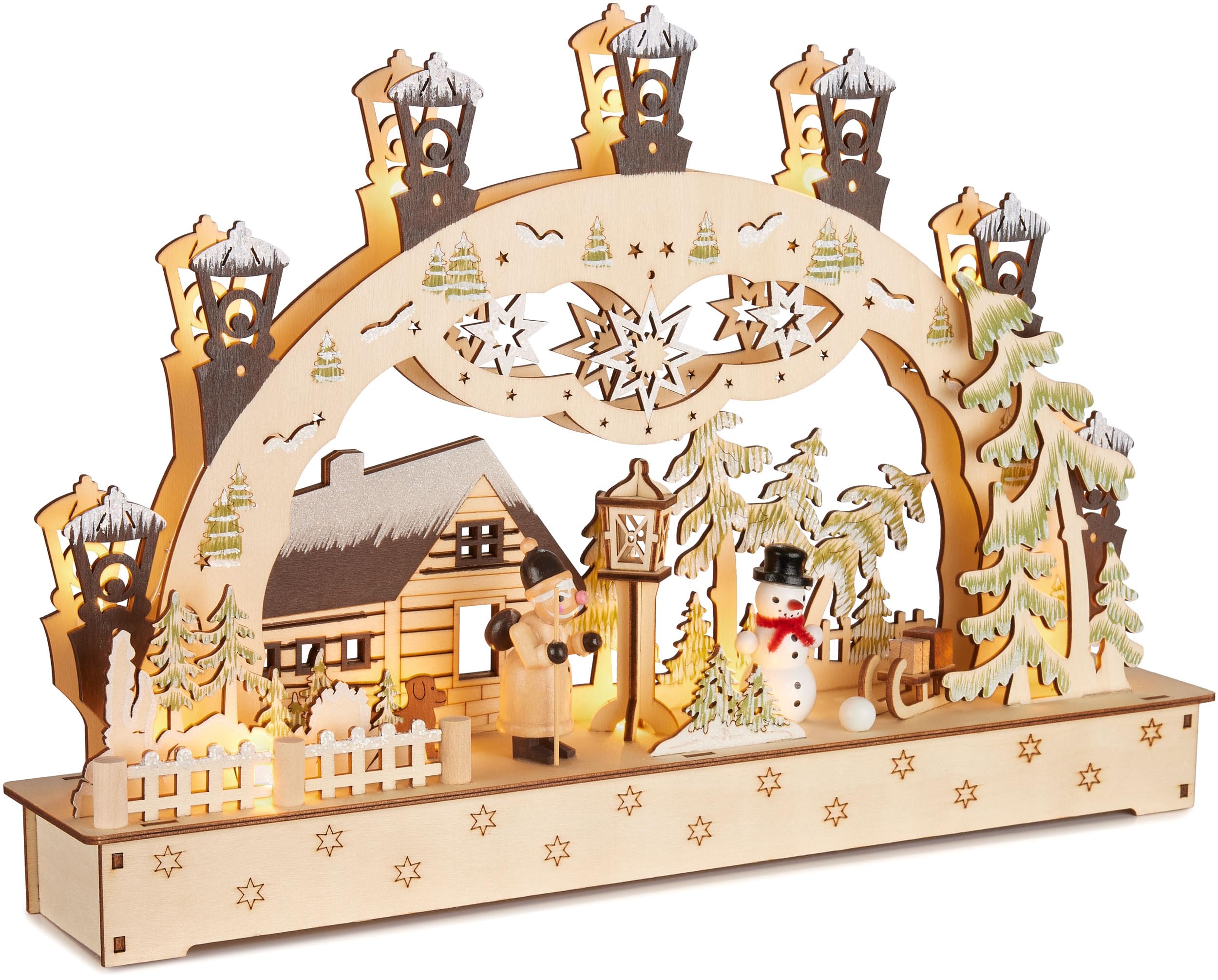 BRUBAKER 3D Lichterbogen - LED Schwibbogen - Weihnachtshaus im Wald mit Laternen - Weihnachtsbeleuchtung aus Holz Natur - 27 x 40 x 7,5 cm - Handbemalte Figuren - Weihnachtsdeko für Tisch Fenster