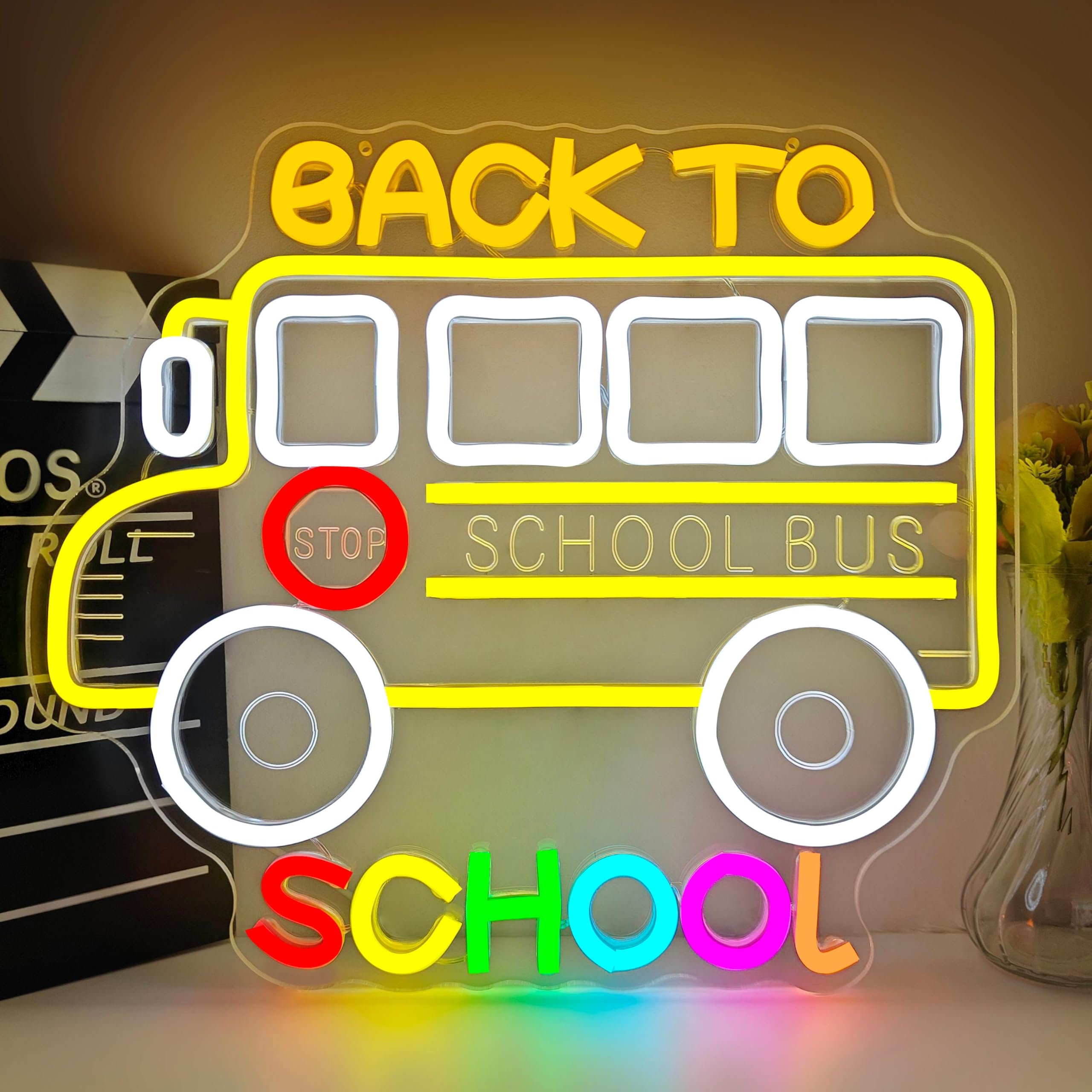 Back To School Neon Sign for Wall Decor School Bus Led Sign Classroom Dimmable Neon Light Up Sign for Back To School Decorations Themed Party Nursery Room Classroom