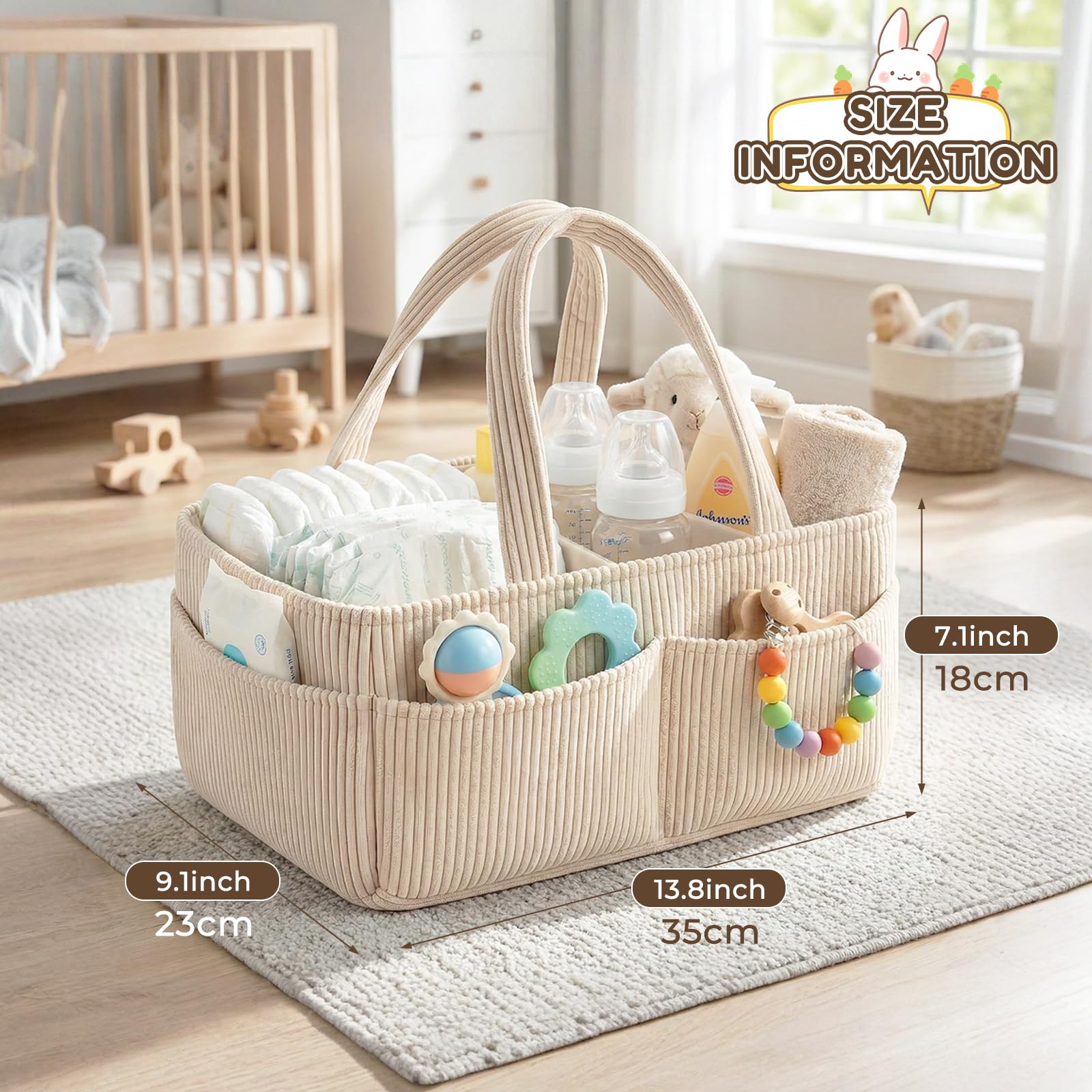 Rangement Couches Bebe, Panier Rangement Bébé Table a Langer, Organisateur de Couche Bebe, Panier a Langer Portable avec Compartiments Amovible et Poignées, Cadeau pour Nouveau-né