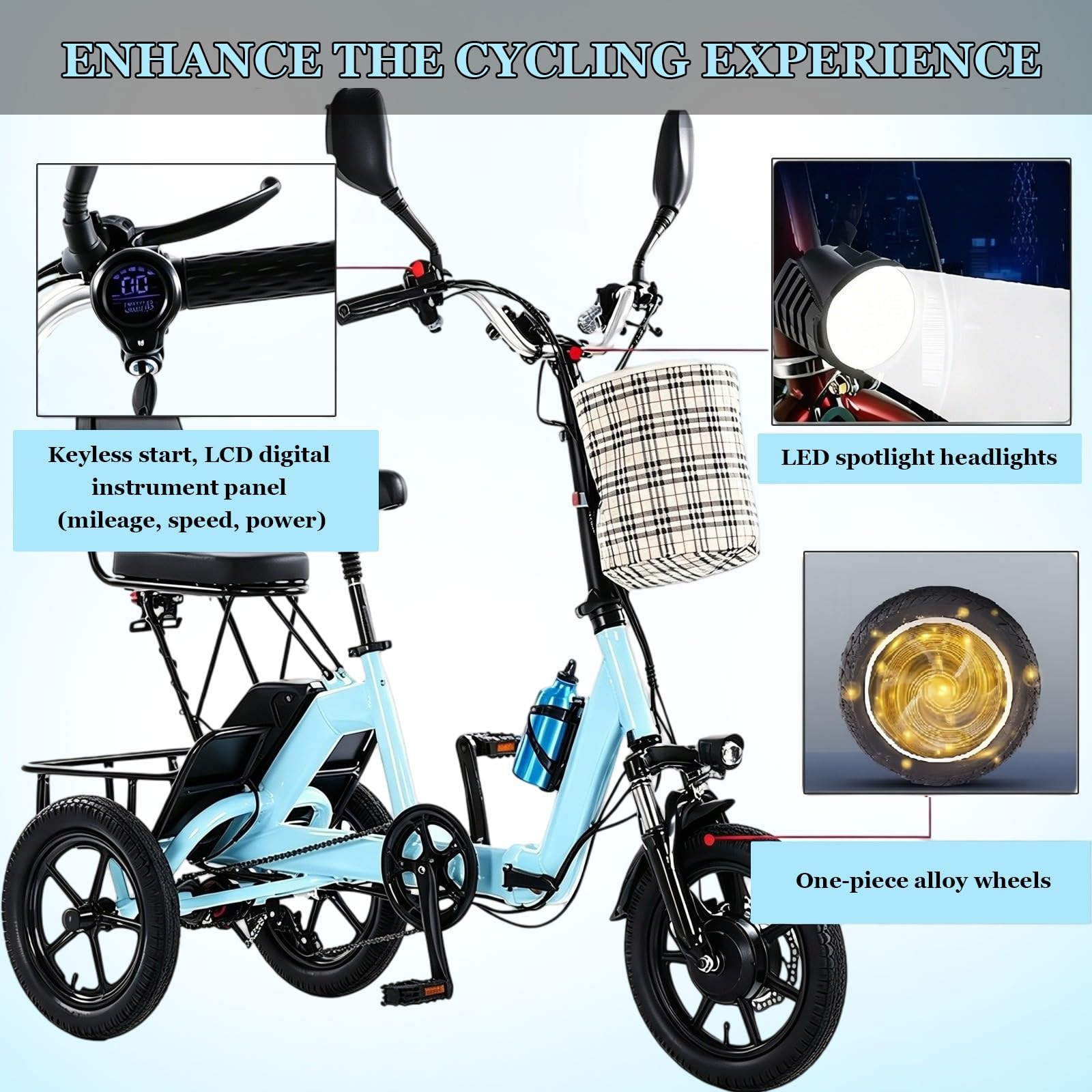 Vélo électrique Pliant à 3 Roues pour Adultes (Hommes et Femmes), Batterie au Lithium Amovible, Panier Avant, Porte-Bagages arrière, Freins à Disque Doubles.