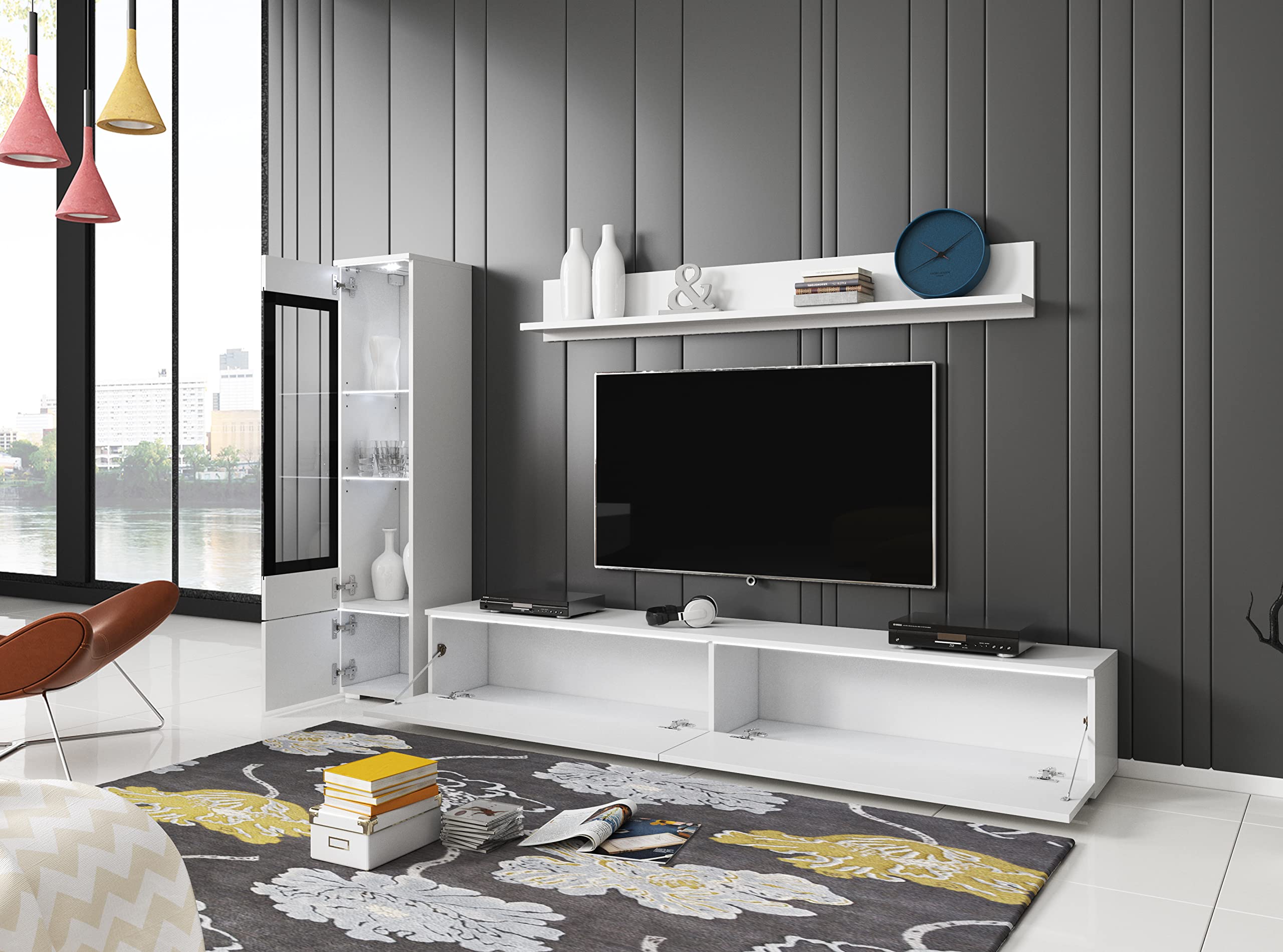 Set di mobili da soggiorno Vera I, illuminazione a LED opzionale, vari colori disponibili (bianco lucido, con illuminazione a LED)