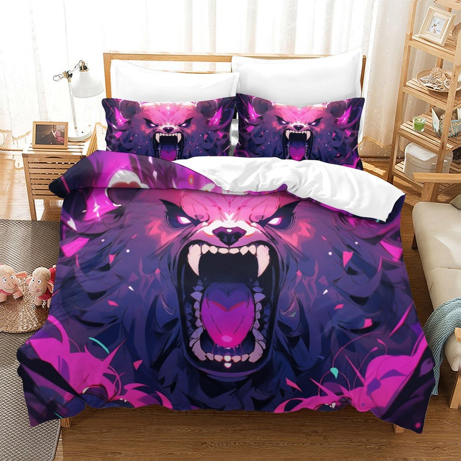 Housse de couette ours 3D 260x220cm pour lit d'ado facile à border