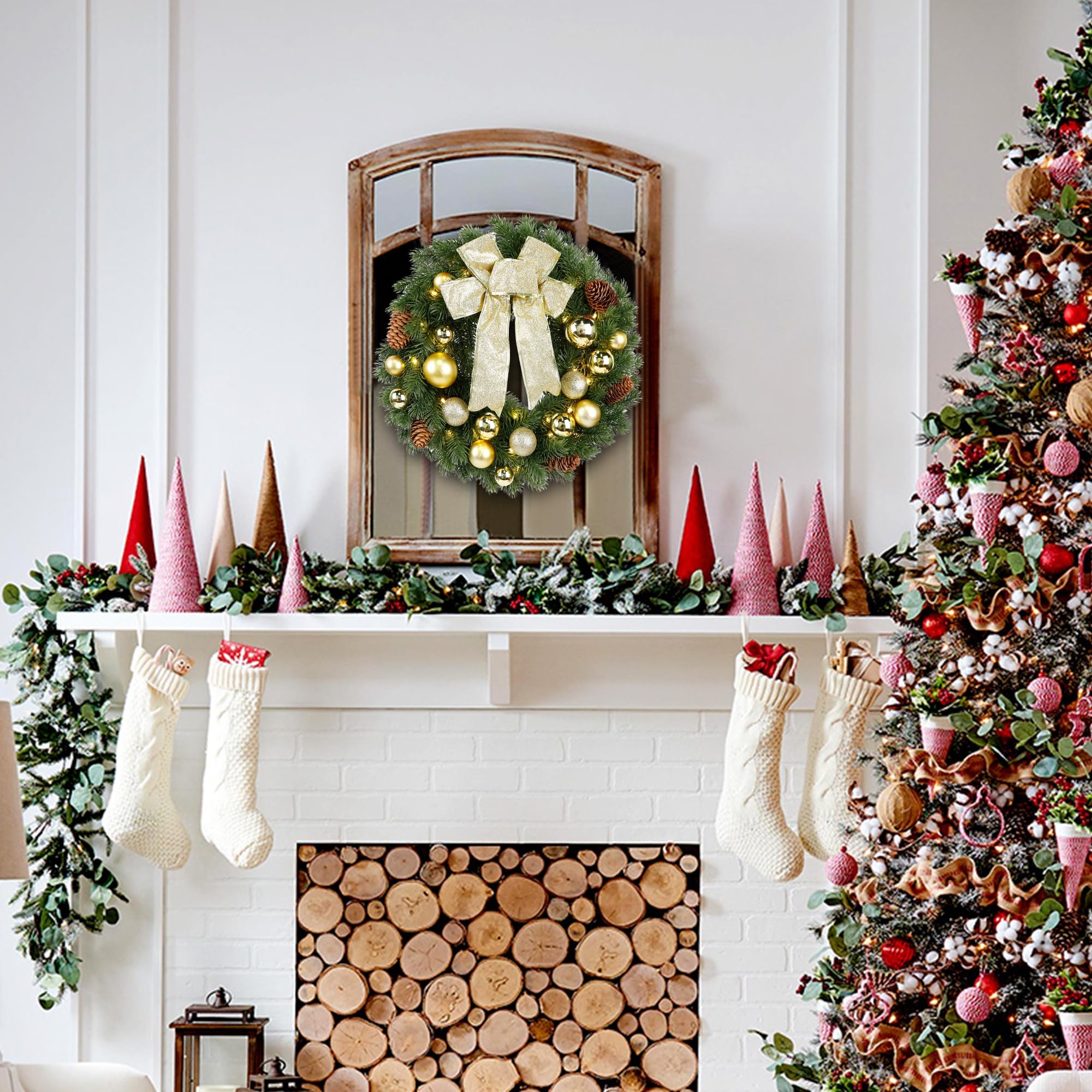 Hausse Couronne de Noël Lumineuse de 38,1 cm avec Crochet en métal, Couronne de Noël pré-éclairée avec nœud et Boules dorées, 8 Modes et minuterie, Fonctionne à Piles avec 40 lumières, pour Porte