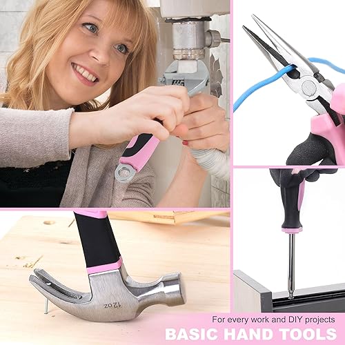 Miniatura 5 de FASTPRO Juego de herramientas de 267 piezas, color rosa, kit de herramientas de reparación del hogar con bolsa abierta de boca ancha de 13 pulgadas,