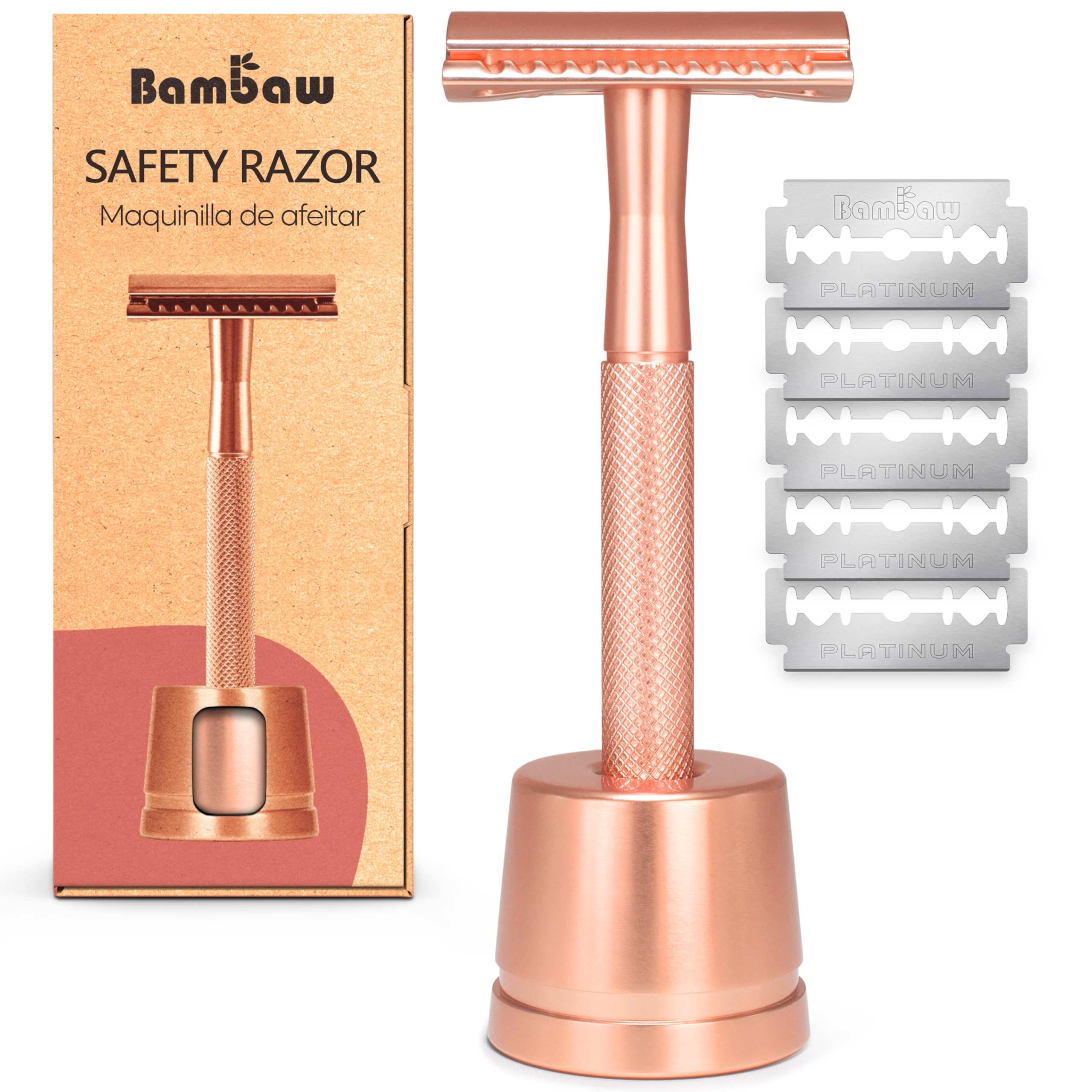 Safety Razor Rose Gold With Safety Razor Stand | Reusable Razor | Eco Friendly Shaving | Metal Shaver | Double Blade Razor | Waste Free | Ladies Safety Razor | Eco Razors for Women | Bambaw