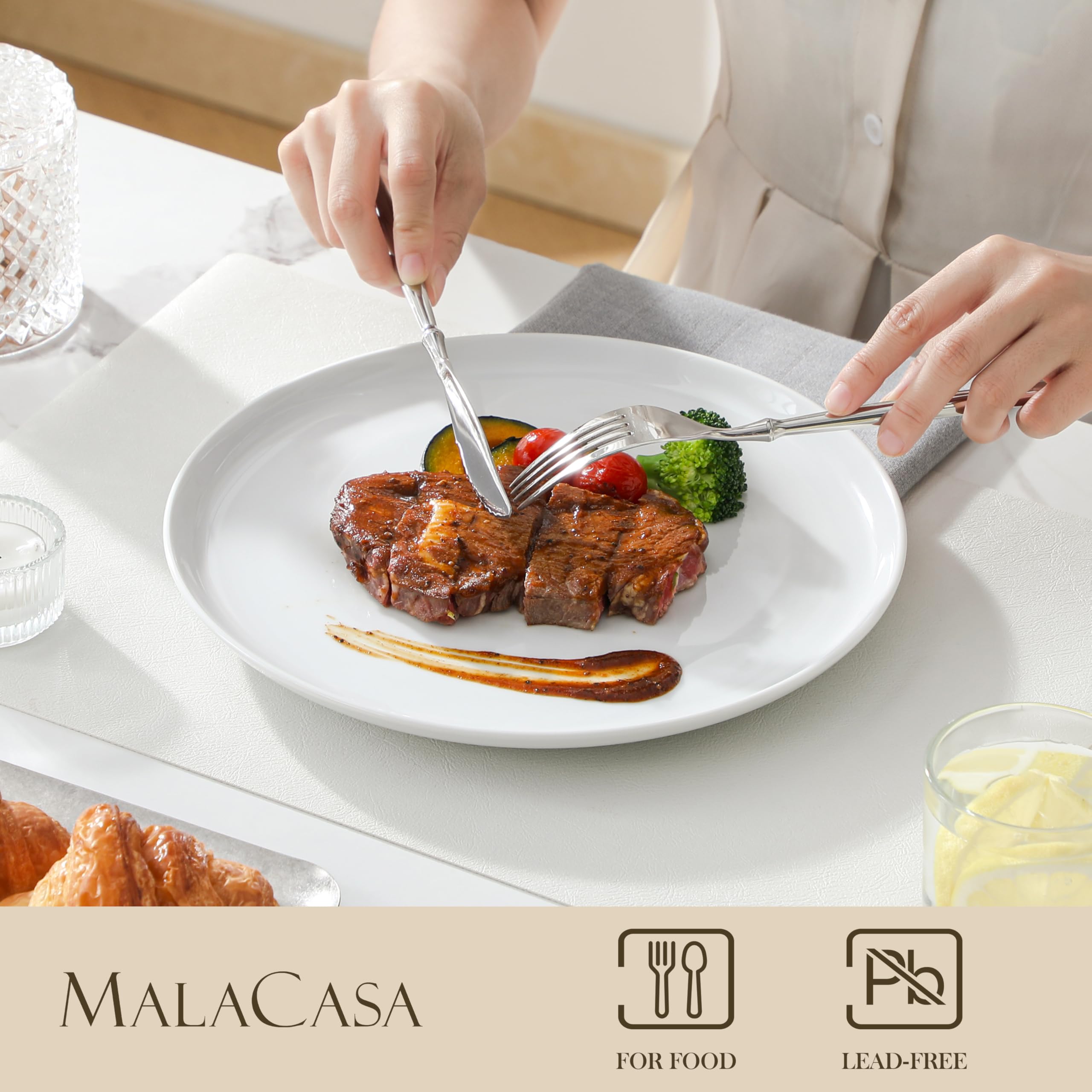 MALACASA Piatti Piani Bianchi in Porcellana, 26CM Grandi Servizio Piatti Moderni 6 Persone per Insalata, Pasta, Pizza, Panino, Dessert, Ristorante - Serie LEXI