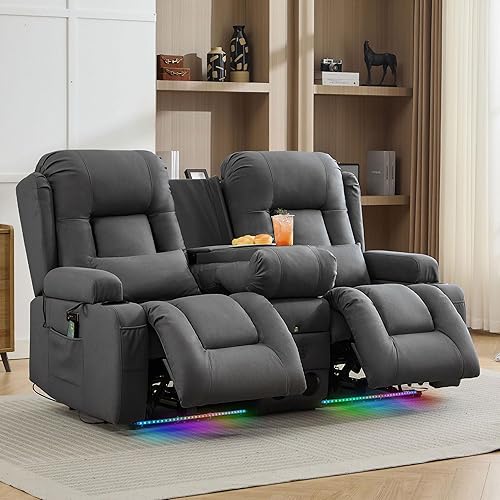 TUNYI Wall Hugger - Sofá reclinable con consola, sofá biplaza reclinable eléctrico para autocaravana con masaje y calorUSBsalidaalmacenamientoluz