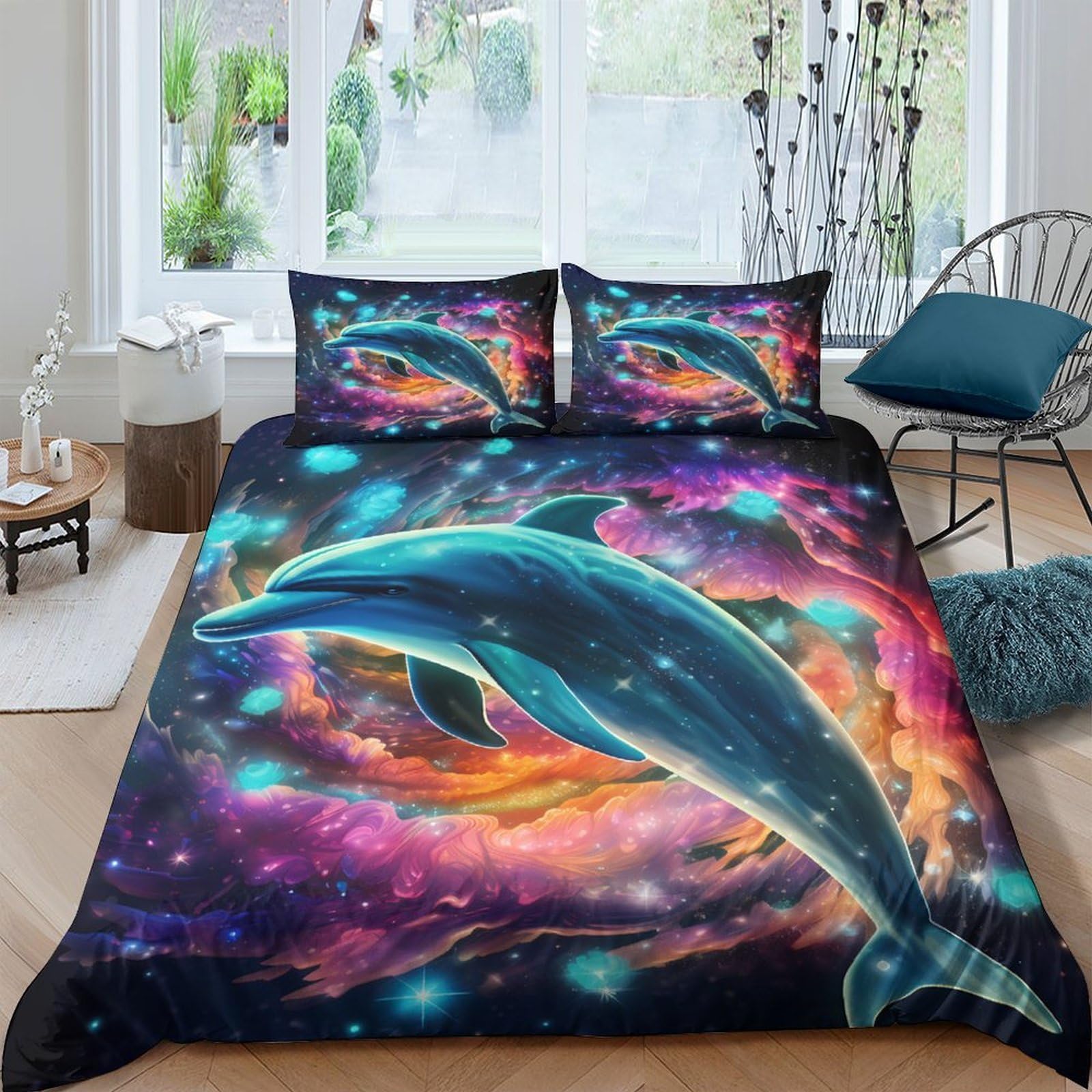 Ctjqhvkz Style-3 3D Printed Galaxy Dolphin Fitted Sheet Microfiber Soft Mattress Cover Cosmic Nebula Bedroom Decor Easy Care Single（135X200cm）