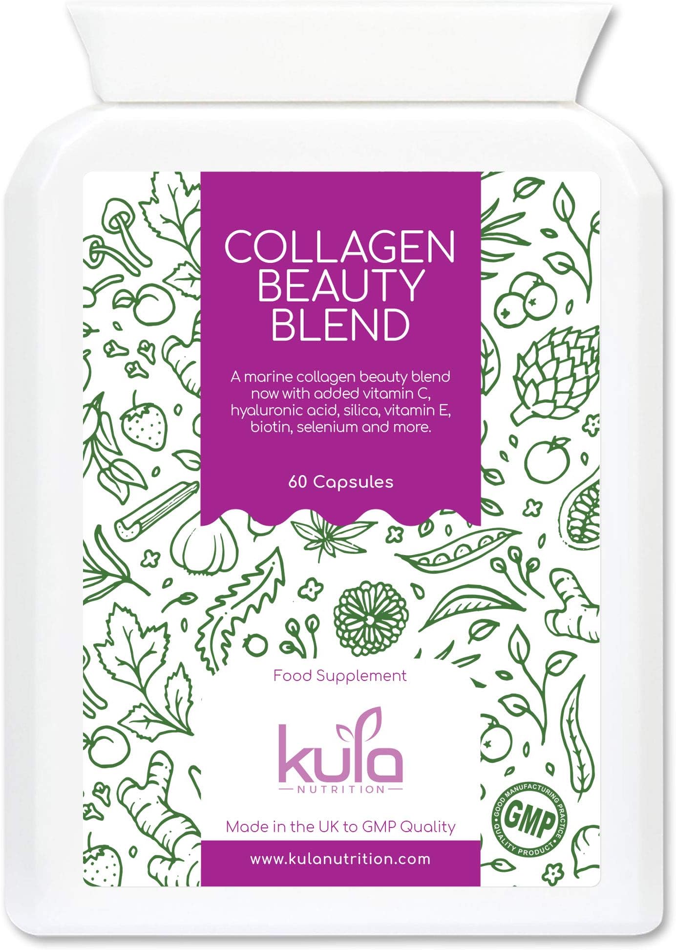 Marine Collagen with Hyaluronic Acid and Vitamin C - 60 Capsules - Superior Type 1 Hydrolysed Marine Collagen Supplement Plus Biotin, Silica, Zinc, Copper, Selenium, Vitamin E and B3 - Kula Nutrition