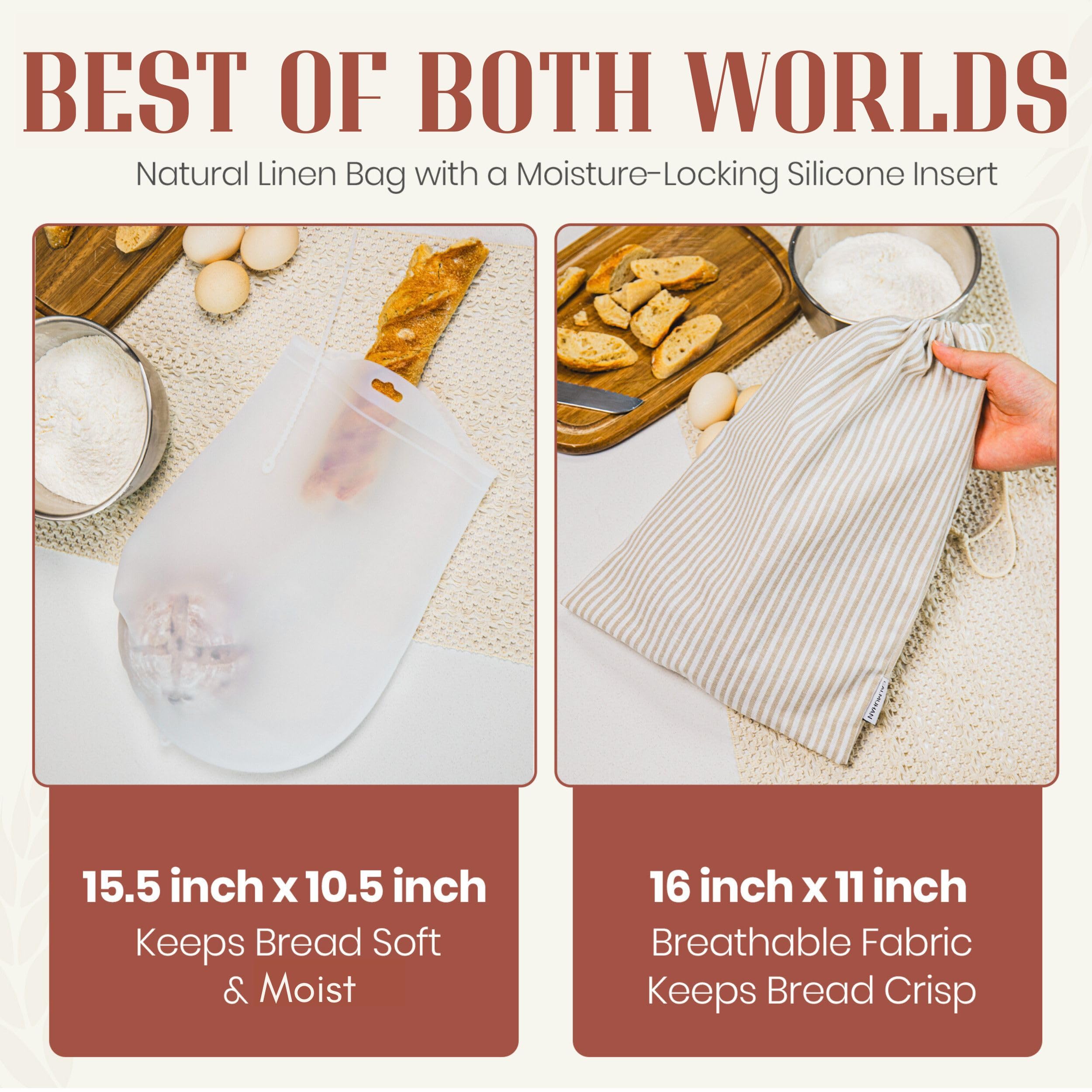 2er-Pack wiederverwendbare Brotbeutel für selbstgemachtes Brot mit herausnehmbaren Silikoneinsätzen zur Aufbewahrung von Sauerteig & Erzeugnissen zur Verlängerung der Frische. Natürliche, vielseitige