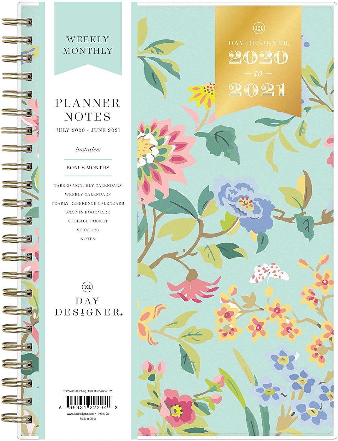 Day Designer for Blue Sky 2020-2021 Academic Year Weekly & Monthly Planner Notes, Flexible Cover, 5.8" x 8.6", Climbing Floral Mint