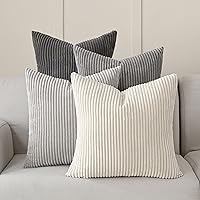Volcanics 4-Pack Neutral Grey Corduroy Throw Pillow Covers 18x18 - Soft Striped Boho Farmhouse Cushion Cases for Sofa, Couch Decor