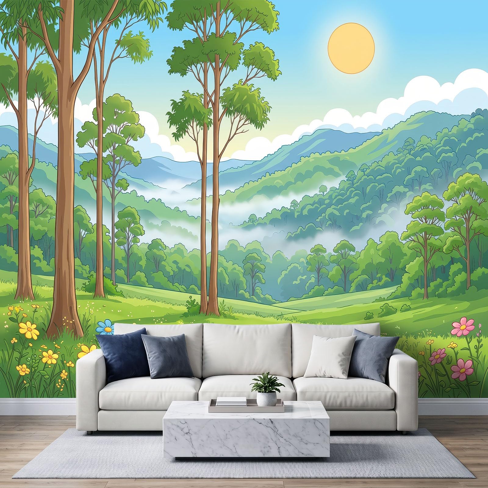 Panoramiczna tapeta 500 x 280 cm (szer. x wys.) realistyczny krajobraz anime fototapeta z włókniny gobelin plakat ścienny do salonu dekoracja ścienna sypialni, pokoju dziecięcego trawa góry las
