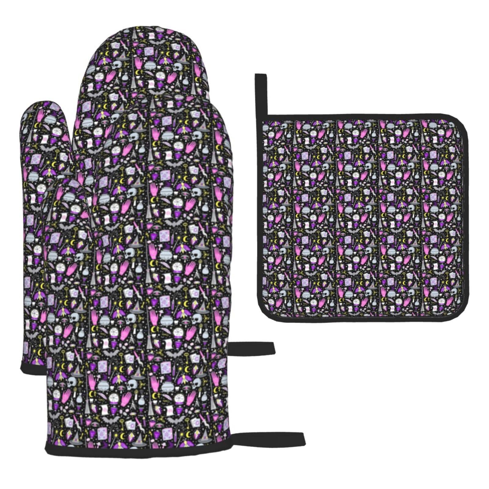 Magic Witch Witchcraft Bohemian Drawing Print Oven Set Kitchen Gloves Baking Grilling Microwaving Cooking Gift Everyday Holiday